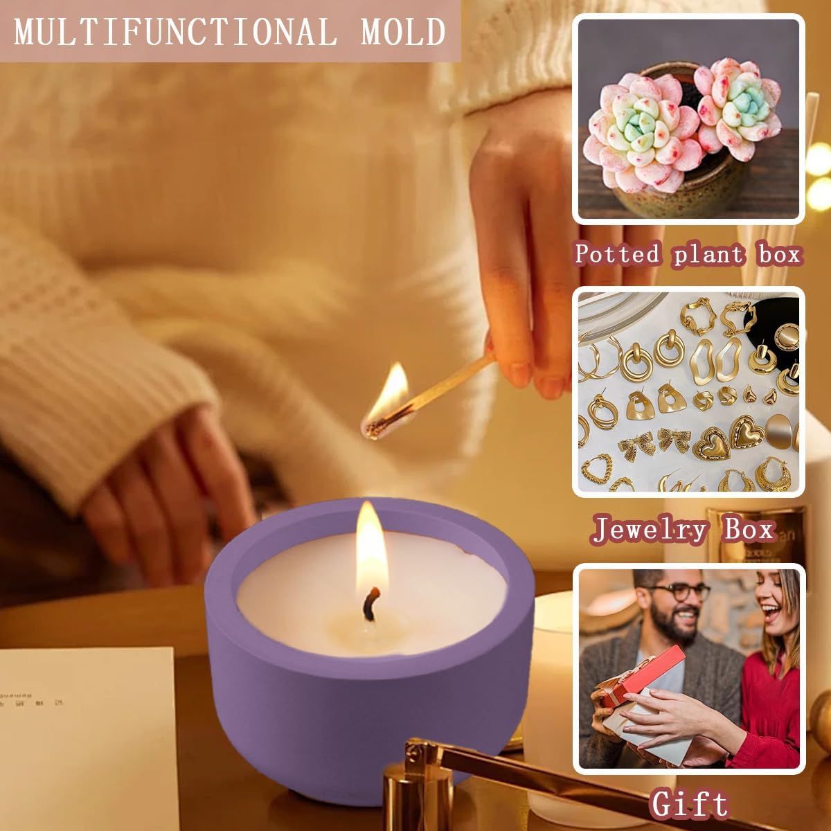 2 PCS Candle Jar Molds Silicone Concrete Mold with Lids Epoxy Resin Casting Molds for DIY Trinket Storage Container Candle Holder, Candy Jewelry Container, Craft Present Planter Making Tools - Image 7