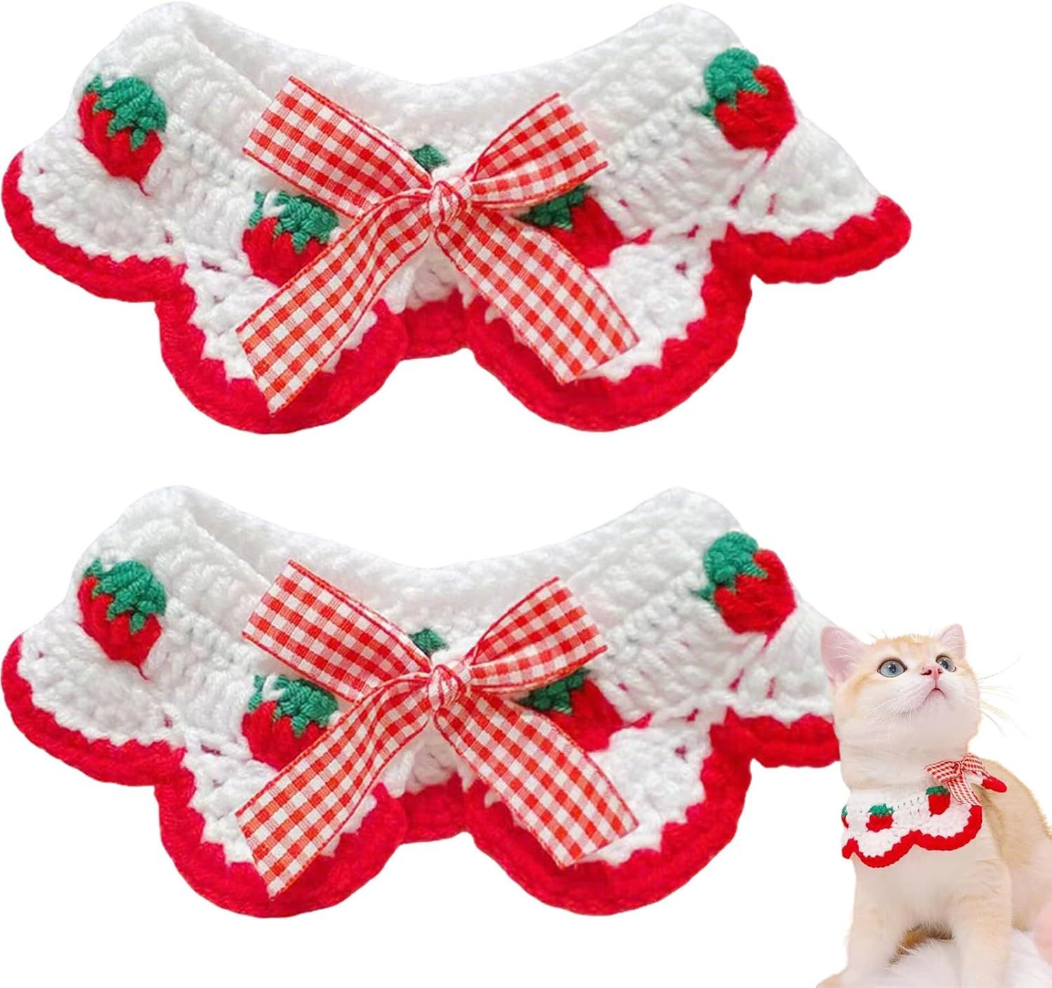 2 Pcs Cat Knitted Collar Cute Strawberry Pattern Scarf Adjustable Kitten Bib Bow with Soft Ruffled Edges Pet Accessories (Red,Medium) - Image 1