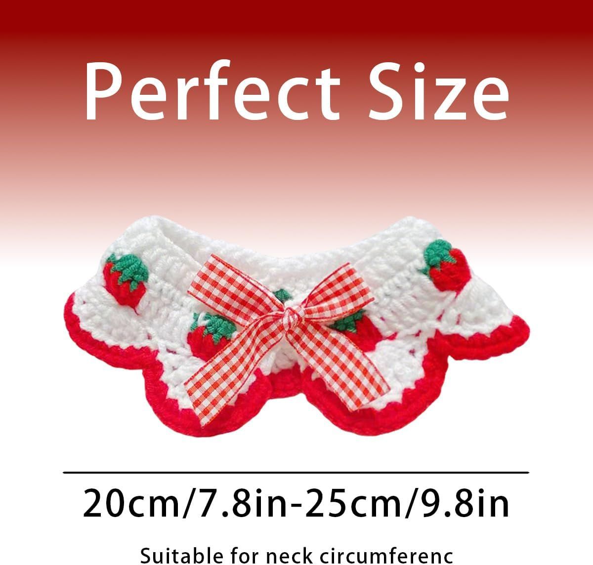 2 Pcs Cat Knitted Collar Cute Strawberry Pattern Scarf Adjustable Kitten Bib Bow with Soft Ruffled Edges Pet Accessories (Red,Medium) - Image 2