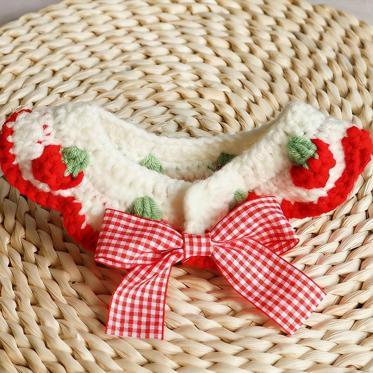 2 Pcs Cat Knitted Collar Cute Strawberry Pattern Scarf Adjustable Kitten Bib Bow with Soft Ruffled Edges Pet Accessories (Red,Medium) - Image 3
