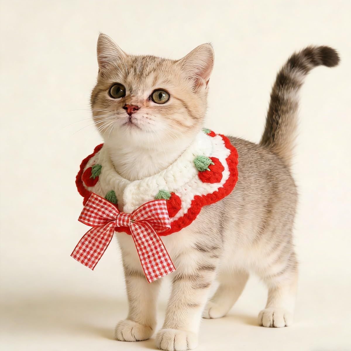 2 Pcs Cat Knitted Collar Cute Strawberry Pattern Scarf Adjustable Kitten Bib Bow with Soft Ruffled Edges Pet Accessories (Red,Medium) - Image 5
