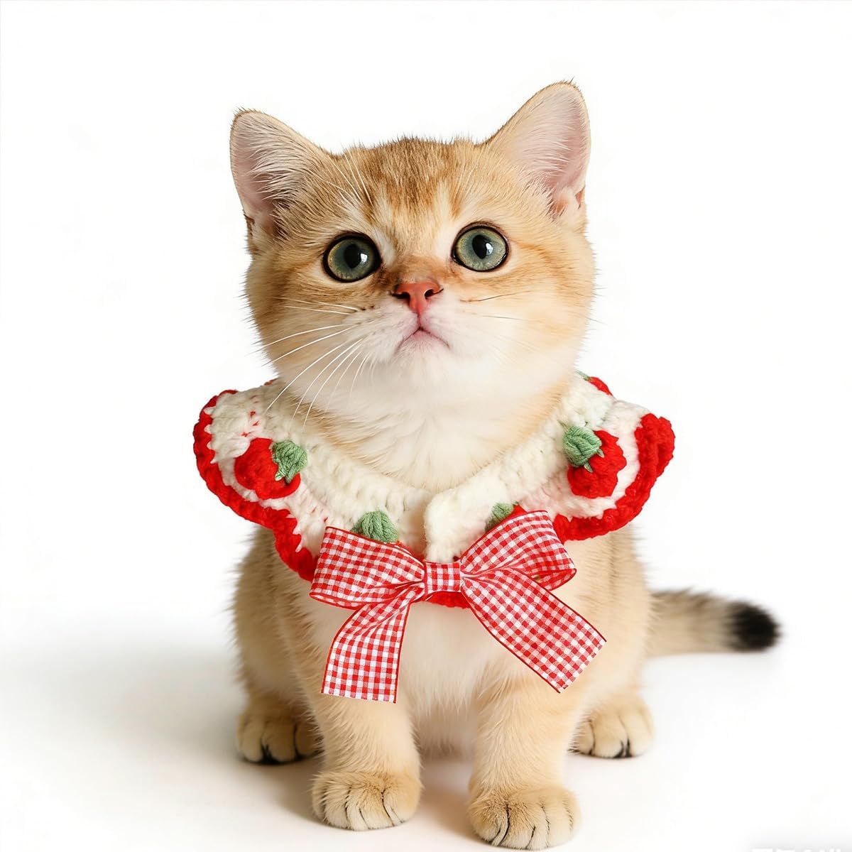 2 Pcs Cat Knitted Collar Cute Strawberry Pattern Scarf Adjustable Kitten Bib Bow with Soft Ruffled Edges Pet Accessories (Red,Medium) - Image 6