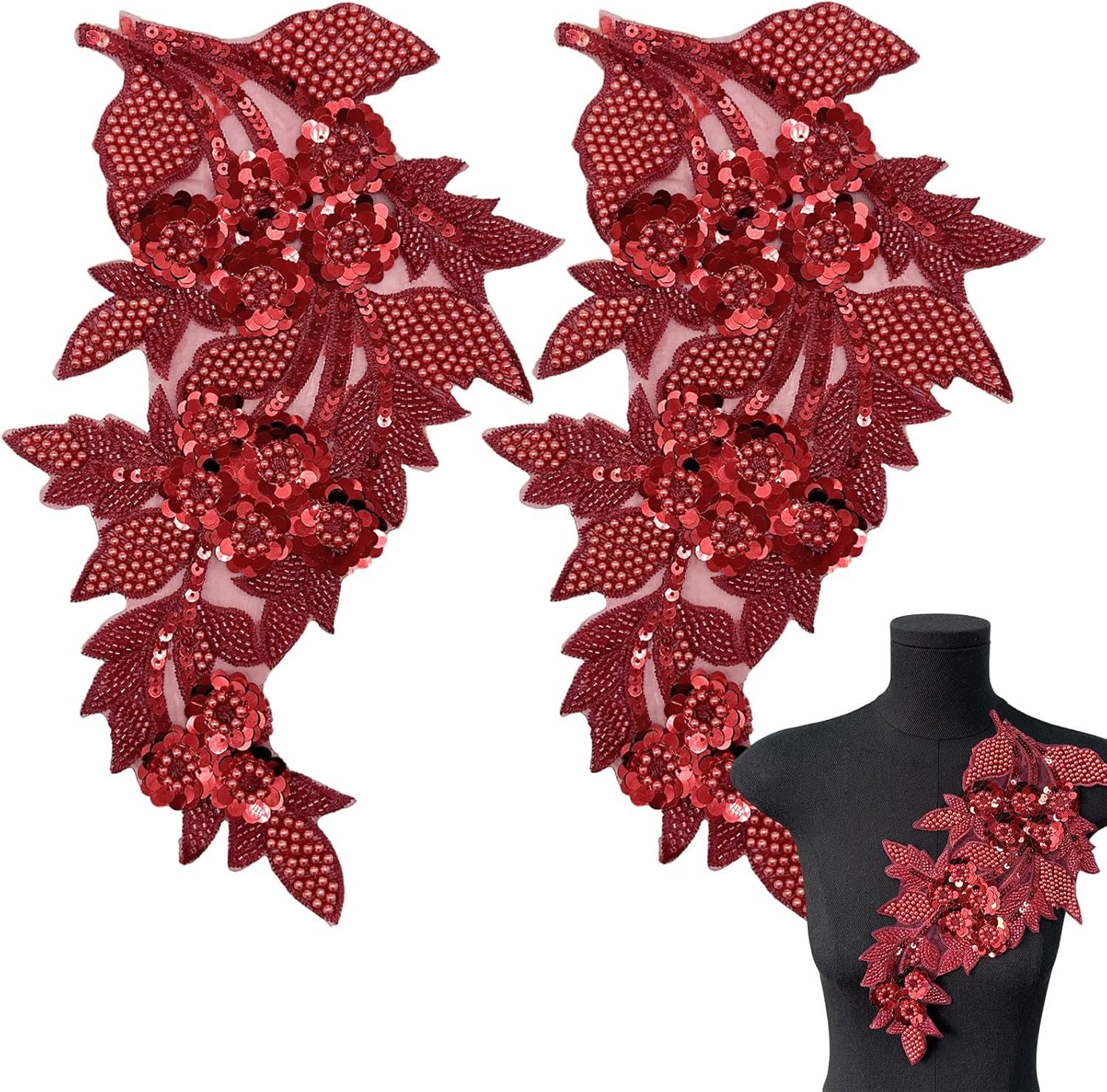 2 PCS Large 3D Beaded Embroidery Sequin Lace Applique Pearl Lace Applique Patches for Clothes, DIY Patches Accessory for Wedding Dresses，Neckline Bodice Pants DIY Crafts - Image 1