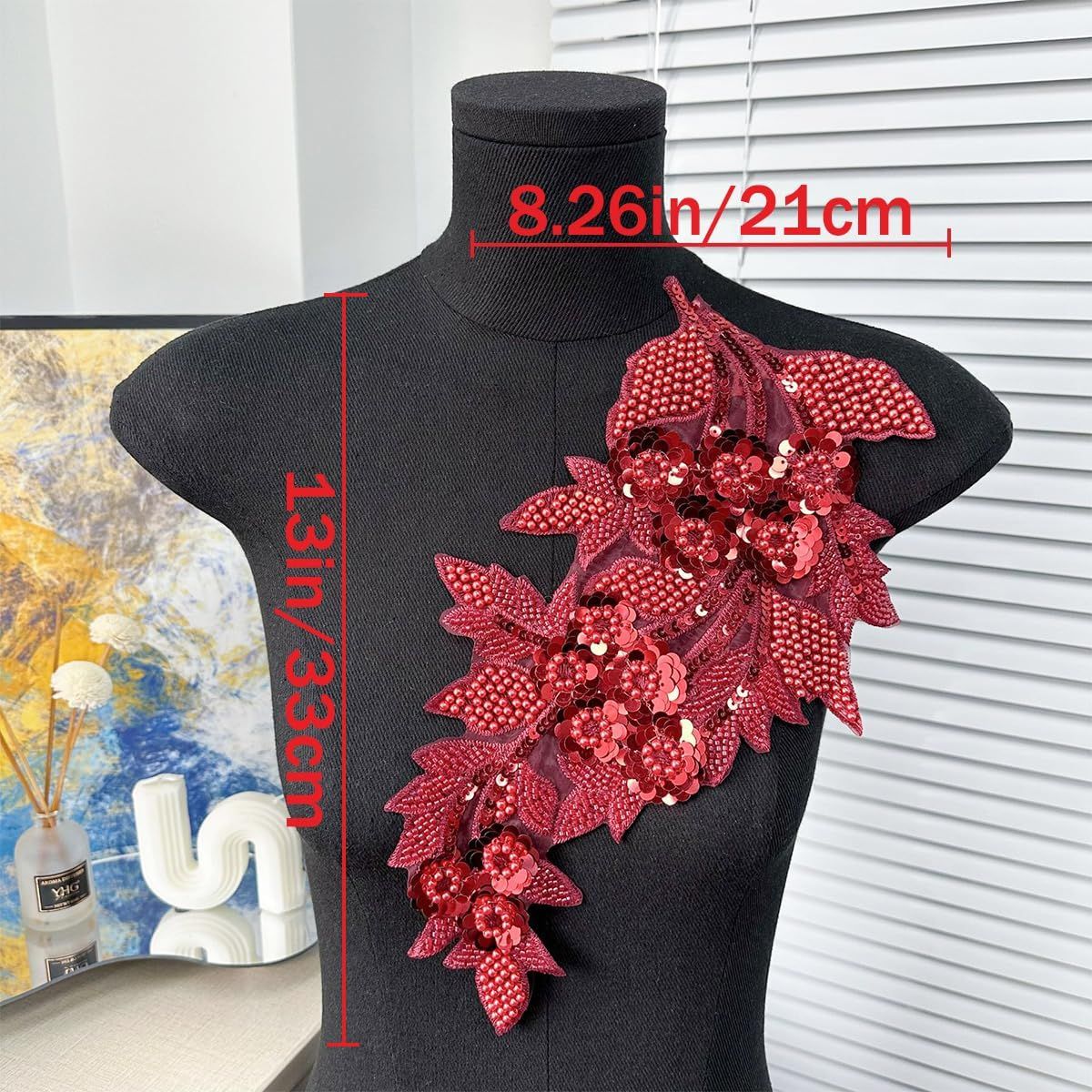 2 PCS Large 3D Beaded Embroidery Sequin Lace Applique Pearl Lace Applique Patches for Clothes, DIY Patches Accessory for Wedding Dresses，Neckline Bodice Pants DIY Crafts - Image 3