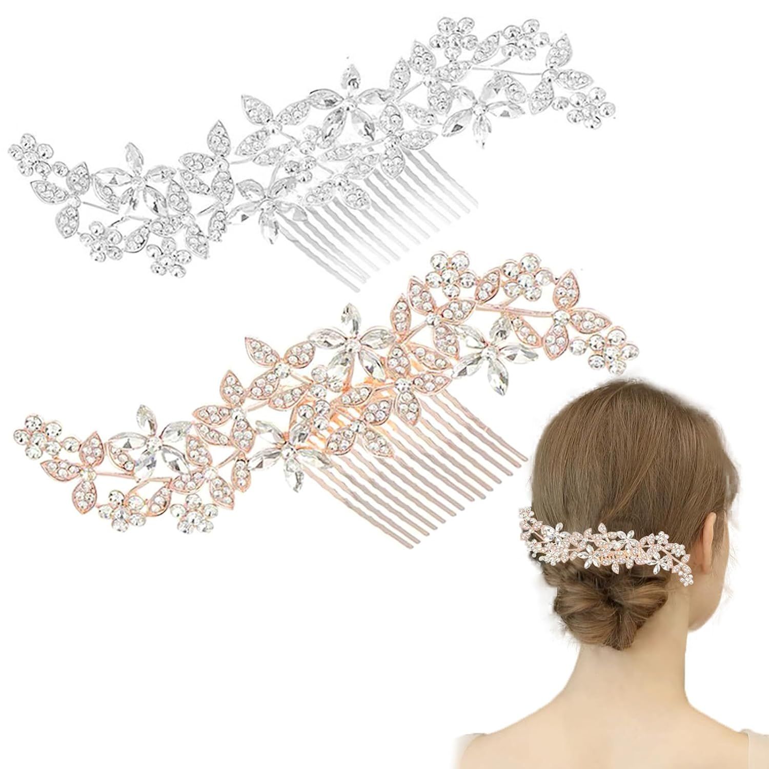 2 Pack Bridal Wedding Hair Pins Rhinestones Flower Hair Combs Pins Bride Hairpieces Gorgeous Hair Accessories for Brides Bridesmaids Women Girls Updo (Gold, Silver) - Image 1