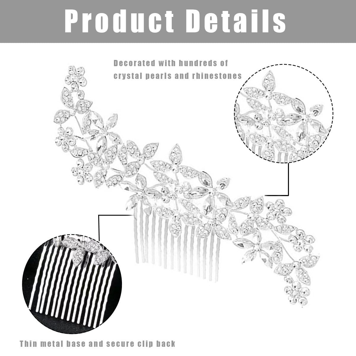 2 Pack Bridal Wedding Hair Pins Rhinestones Flower Hair Combs Pins Bride Hairpieces Gorgeous Hair Accessories for Brides Bridesmaids Women Girls Updo (Gold, Silver) - Image 3
