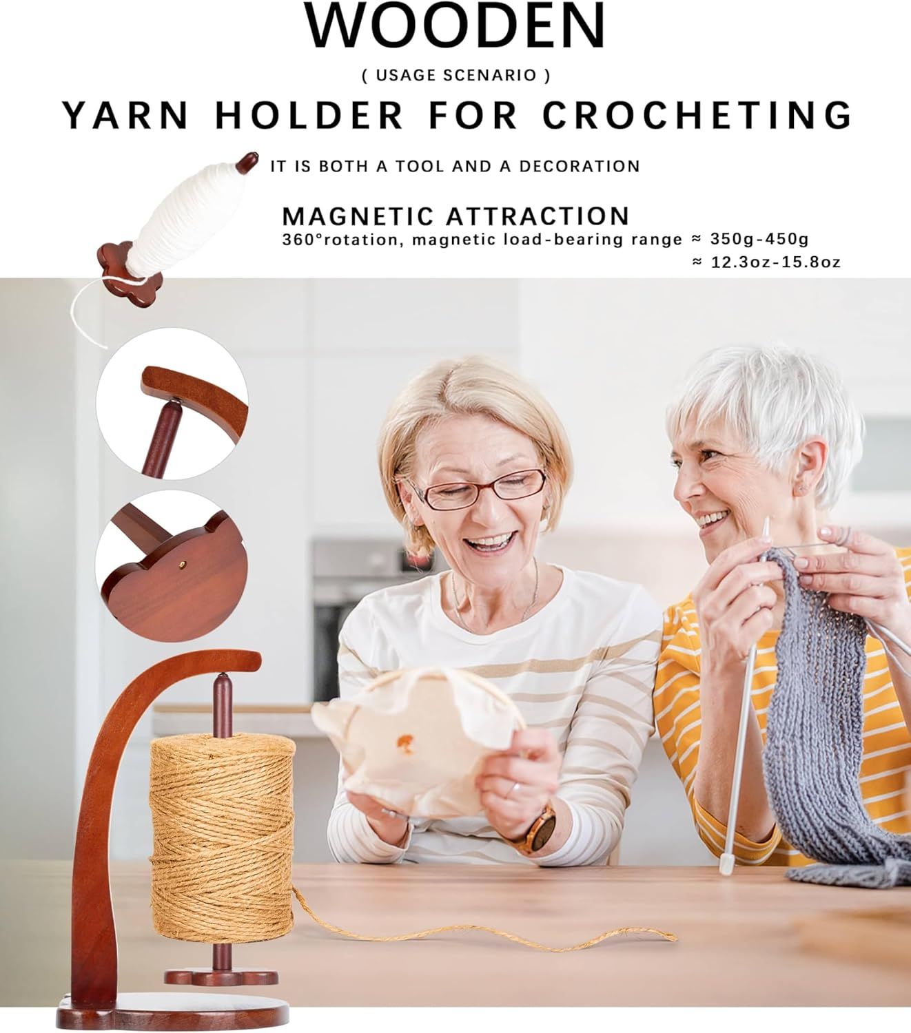 Magnetic Yarn Holder for Crocheting with Bear Shape– 360° Spinning Spindle for Tangle-Free Yarn Ball Holder Spinner, Solid Wood Construction, Ideal for Knitting & Crochet Projects - Image 3