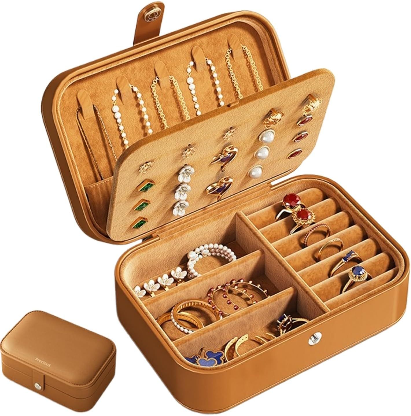 Travel Jewelry Box with 3 Layers for Earrings Studs Rings Necklaces, Portable Compact Jewelry Organizer Storage Case (Brown) - Image 1
