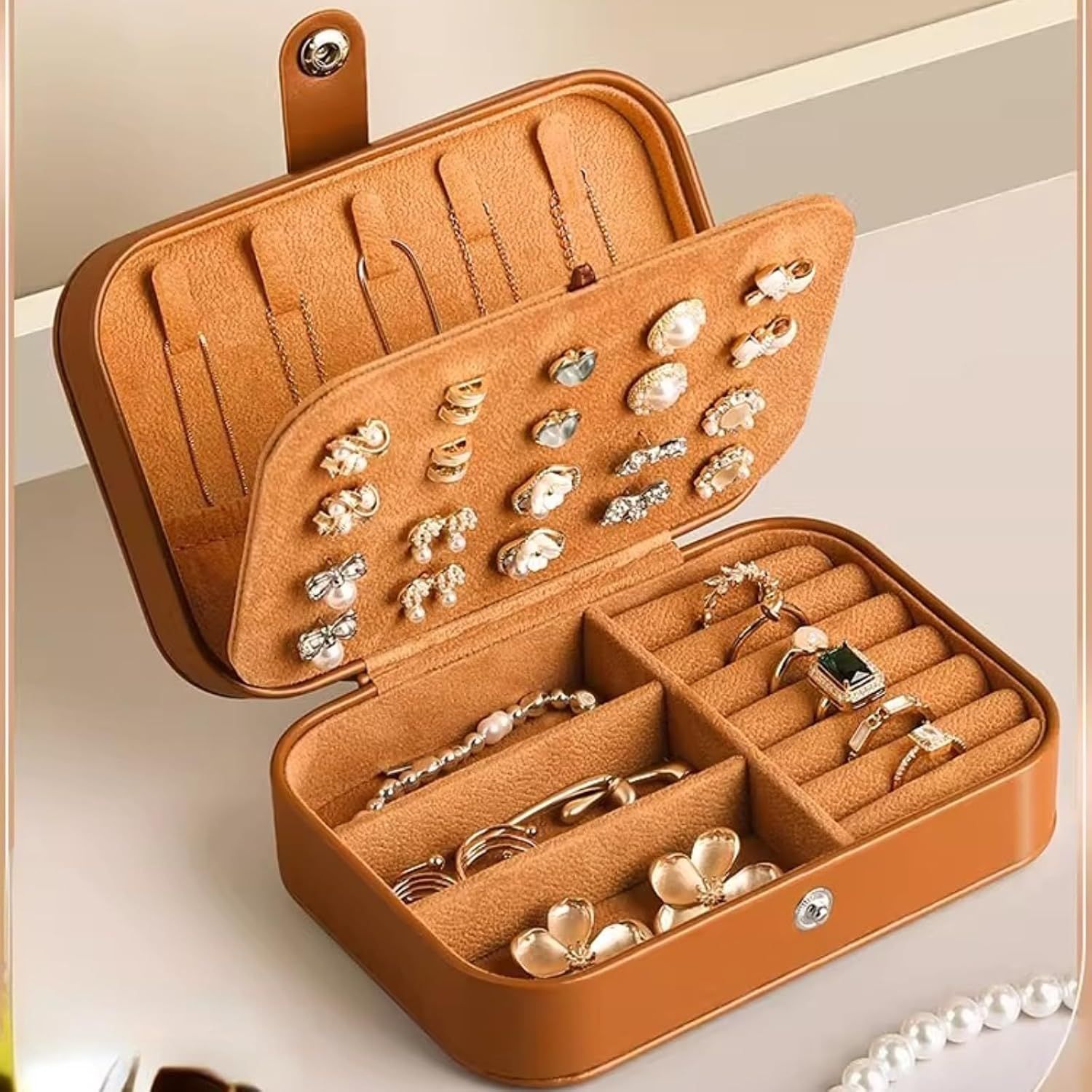 Travel Jewelry Box with 3 Layers for Earrings Studs Rings Necklaces, Portable Compact Jewelry Organizer Storage Case (Brown) - Image 2