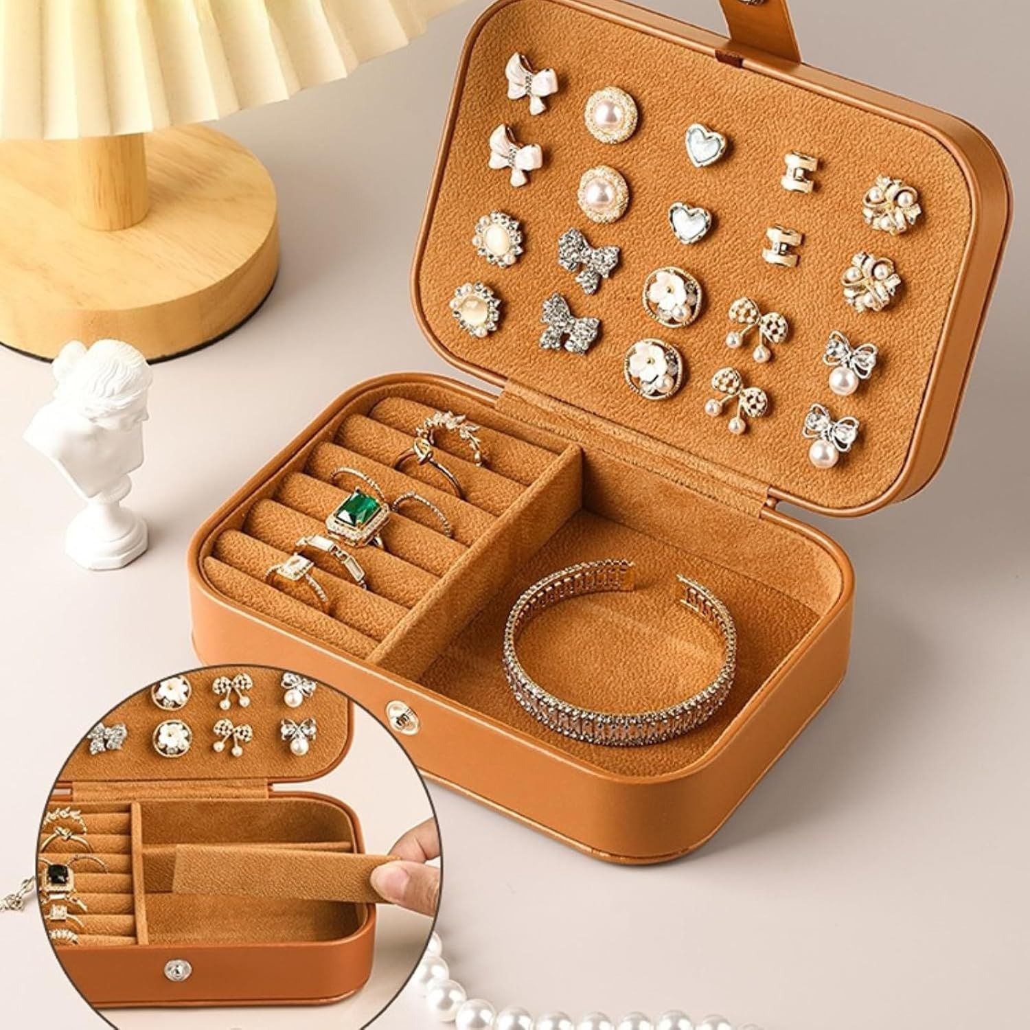 Travel Jewelry Box with 3 Layers for Earrings Studs Rings Necklaces, Portable Compact Jewelry Organizer Storage Case (Brown) - Image 4
