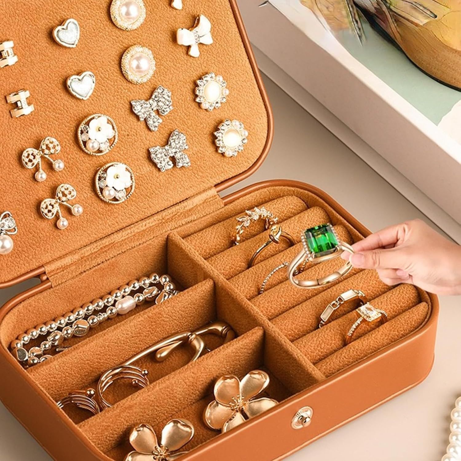 Travel Jewelry Box with 3 Layers for Earrings Studs Rings Necklaces, Portable Compact Jewelry Organizer Storage Case (Brown) - Image 5