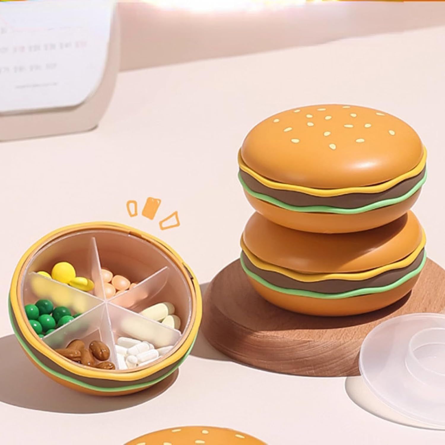 Hamburger Shaped Pill Case, Portable 6 Compartment Mini Pill Organizer with Sealable Lids for Medicine Vitamin Storage (Hamburger Pill Box [6-Grid]) - Image 2