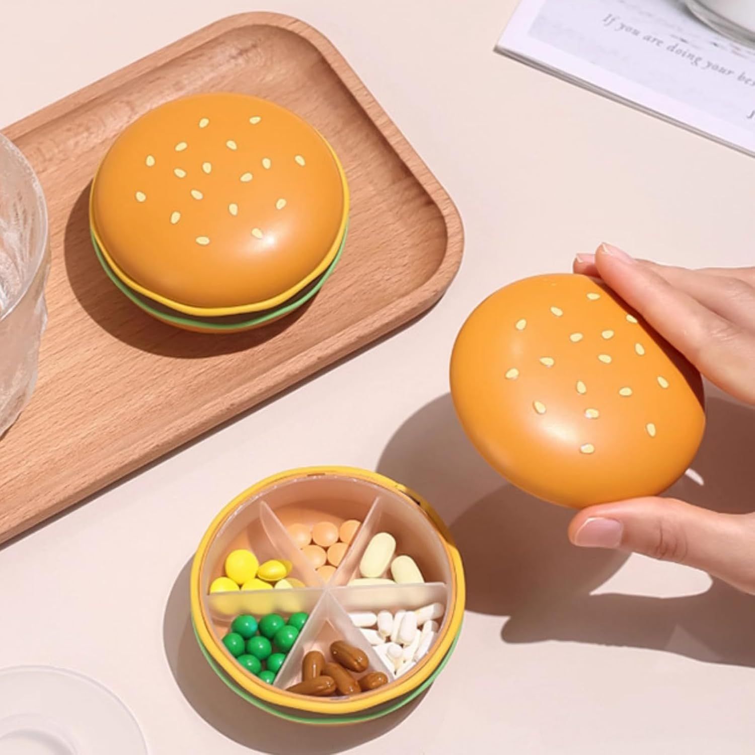 Hamburger Shaped Pill Case, Portable 6 Compartment Mini Pill Organizer with Sealable Lids for Medicine Vitamin Storage (Hamburger Pill Box [6-Grid]) - Image 3
