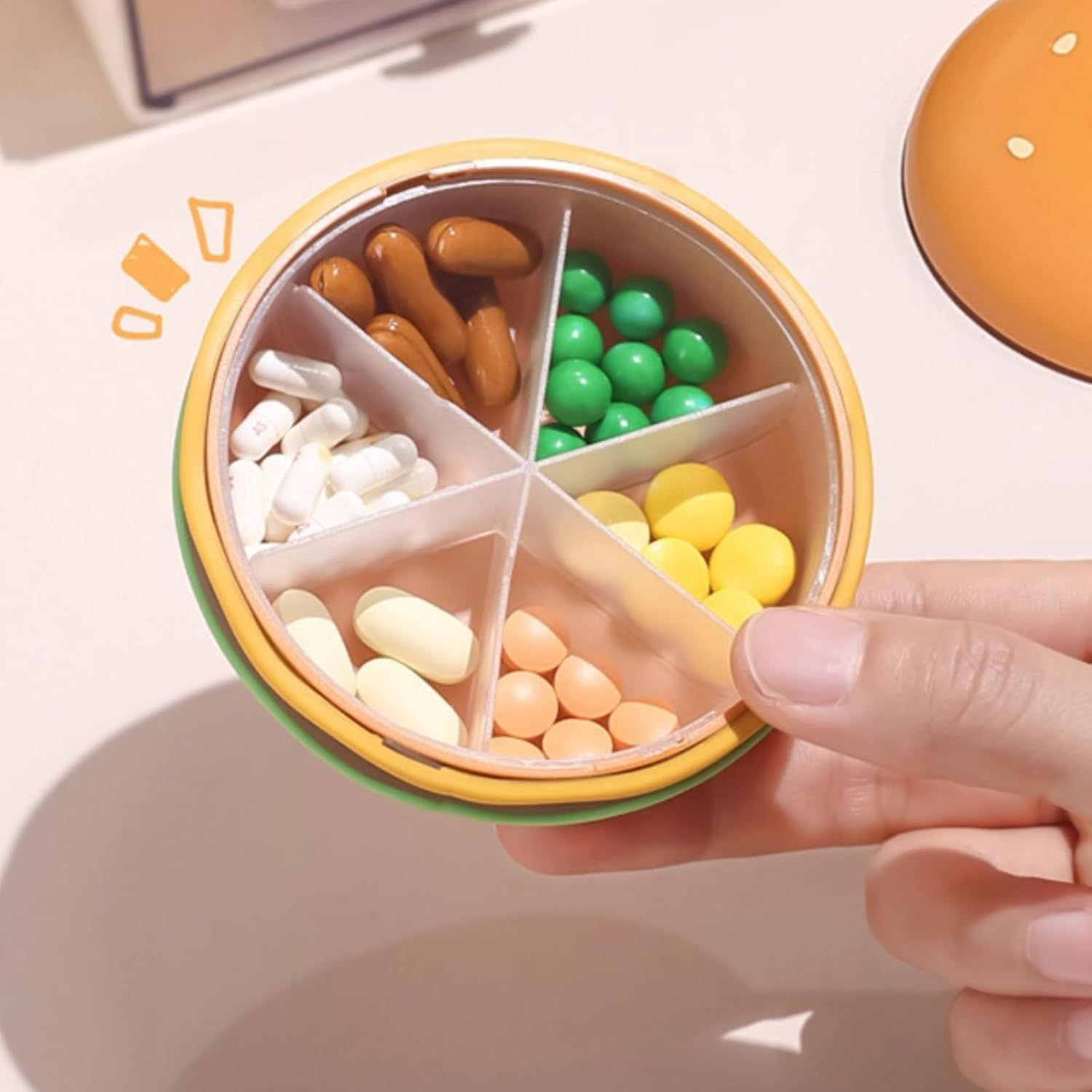Hamburger Shaped Pill Case, Portable 6 Compartment Mini Pill Organizer with Sealable Lids for Medicine Vitamin Storage (Hamburger Pill Box [6-Grid]) - Image 4