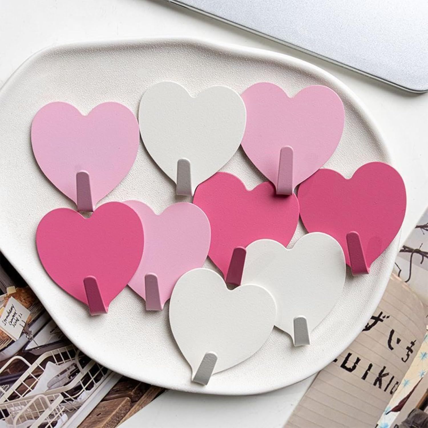 9 Pcs Heart Shaped Adhesive Wall Hooks, Cute Decorative Pink and White Self-Adhesive Hooks for Home Office Organization (White Pink) - Image 1
