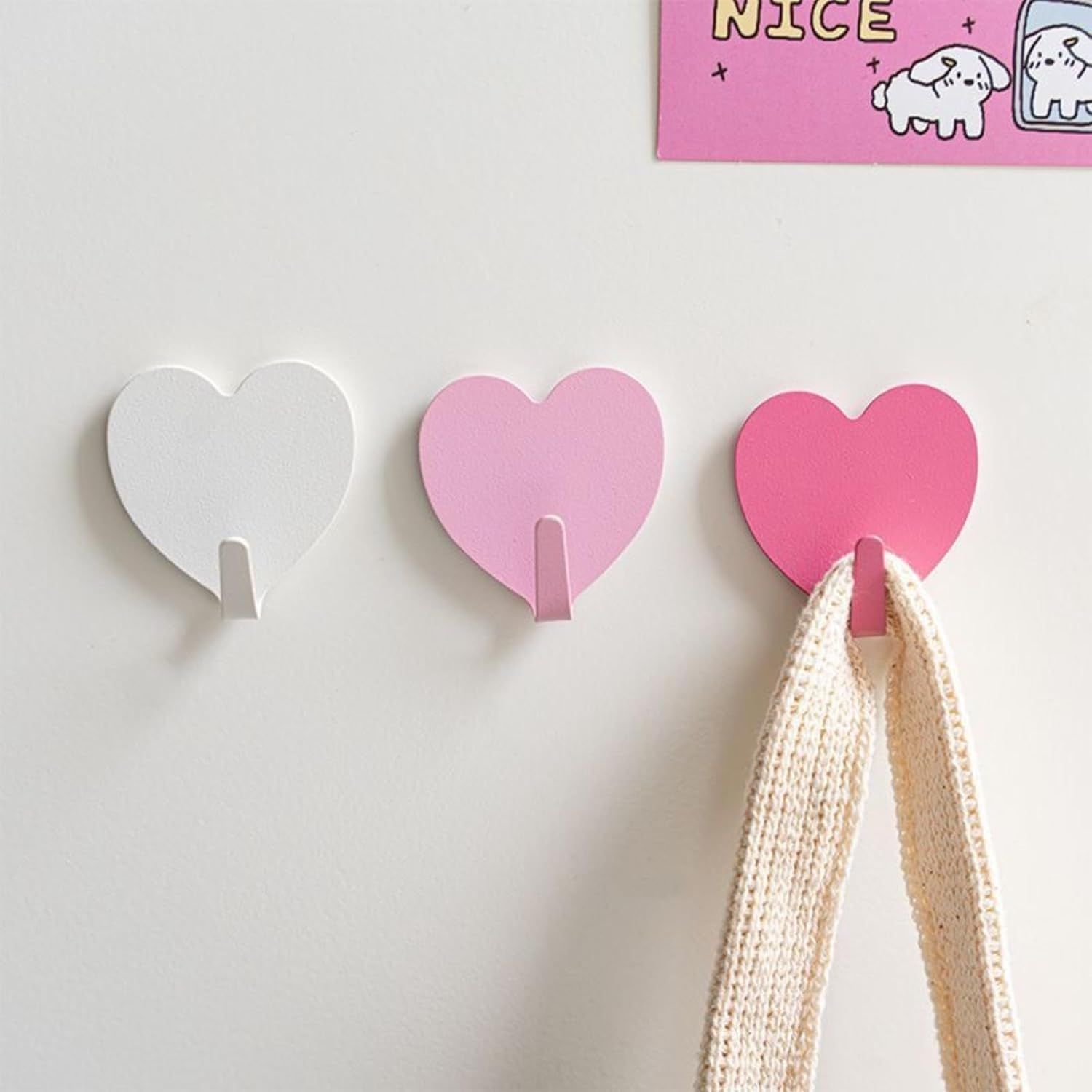 9 Pcs Heart Shaped Adhesive Wall Hooks, Cute Decorative Pink and White Self-Adhesive Hooks for Home Office Organization (White Pink) - Image 3