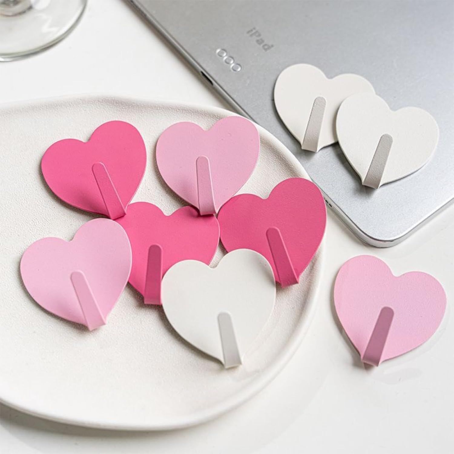 9 Pcs Heart Shaped Adhesive Wall Hooks, Cute Decorative Pink and White Self-Adhesive Hooks for Home Office Organization (White Pink) - Image 4