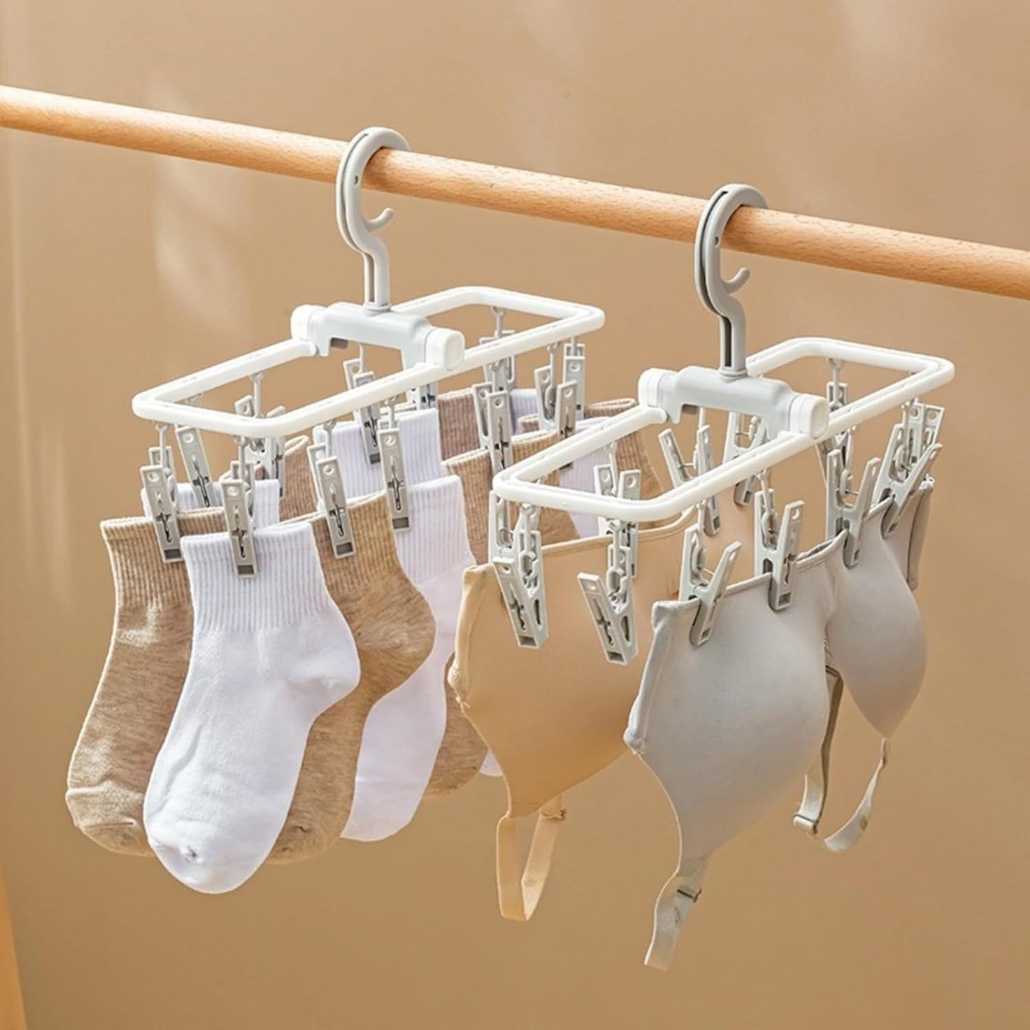 2 Pack Clothes Drying Rack with 12 Multiple Clips, Foldable Portable Travel Hanger for Socks Underwear Bras (White) - Image 2