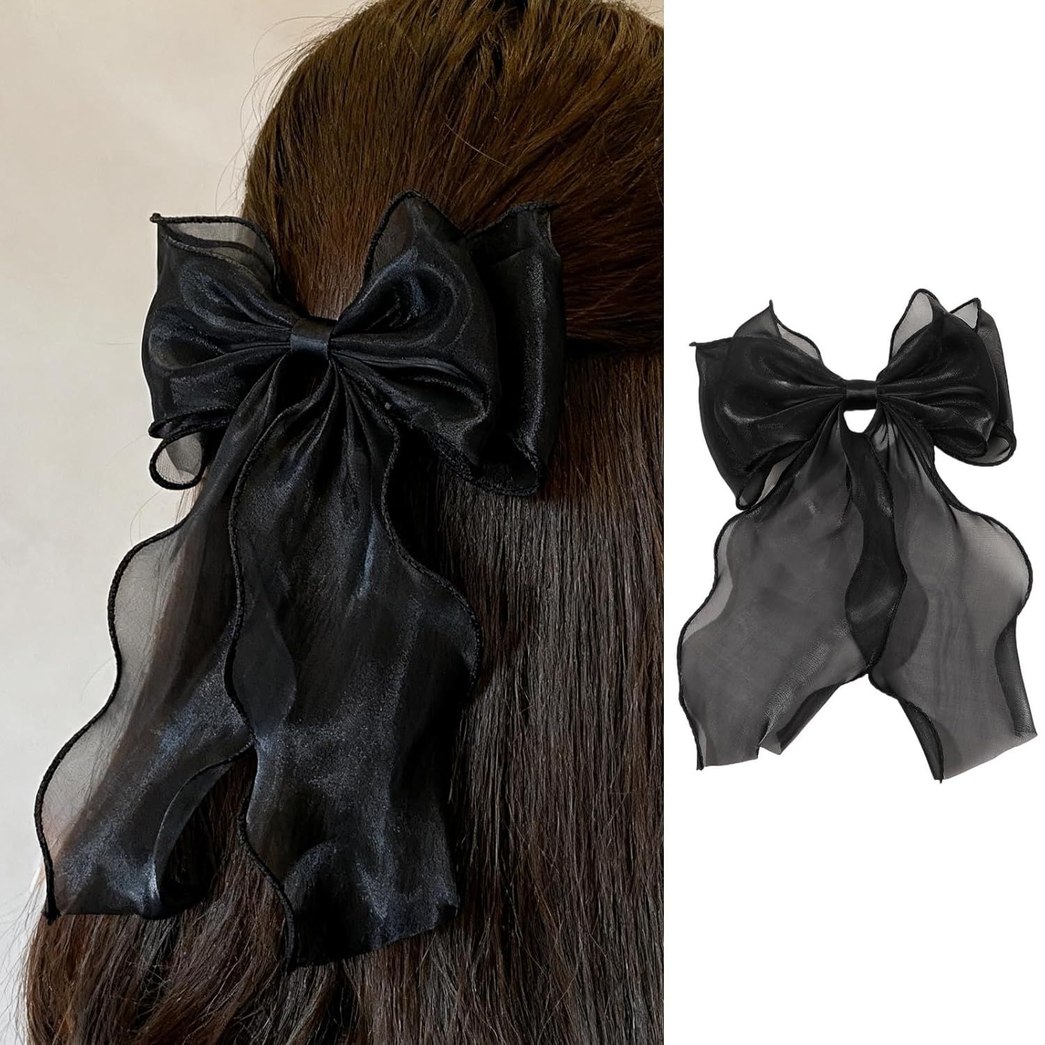 Silky Bow French Barrette Hair Clips, Elegant Satin Ribbon Hair Clamp Hair Accessory for Women Girls (Black) - Image 1