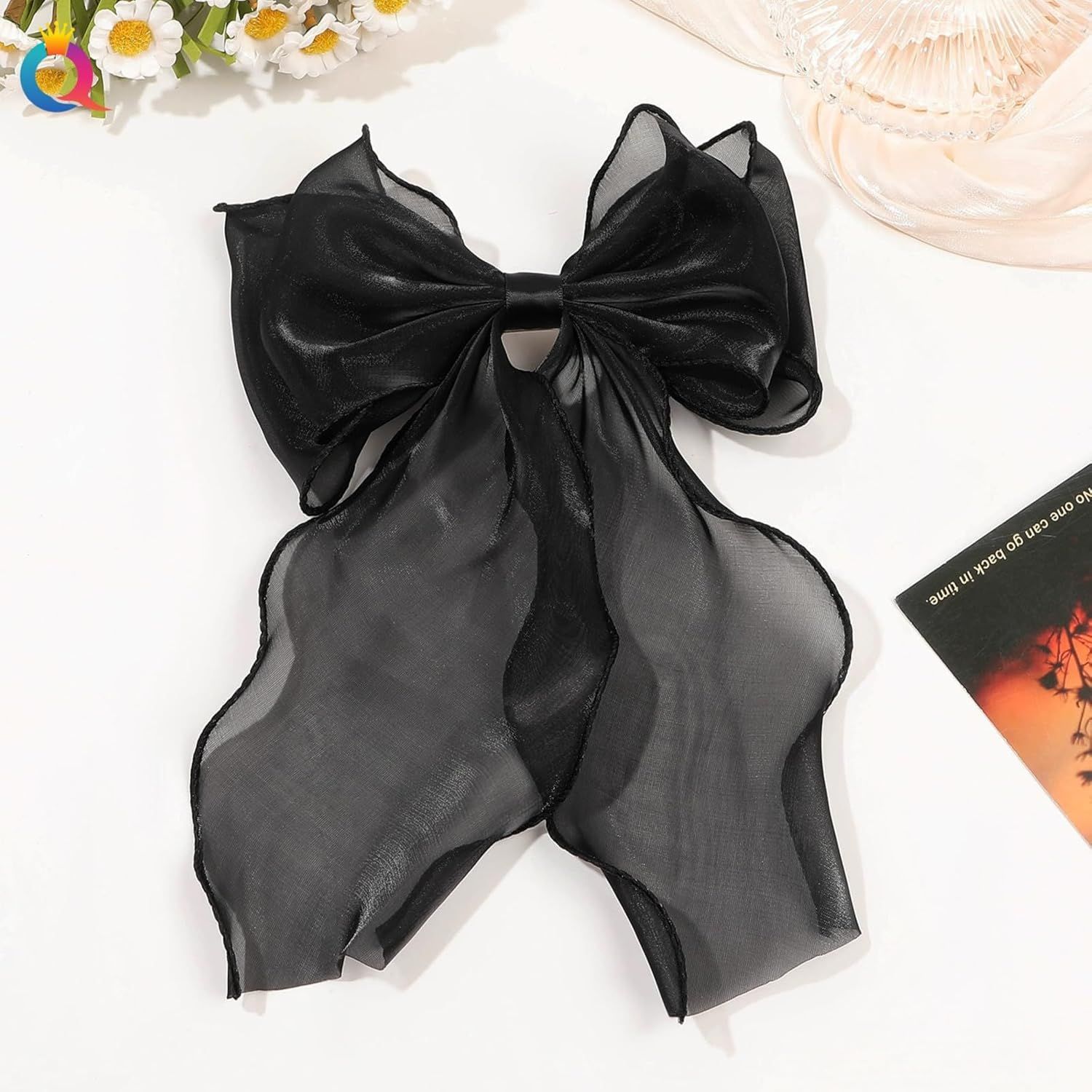 Silky Bow French Barrette Hair Clips, Elegant Satin Ribbon Hair Clamp Hair Accessory for Women Girls (Black) - Image 2