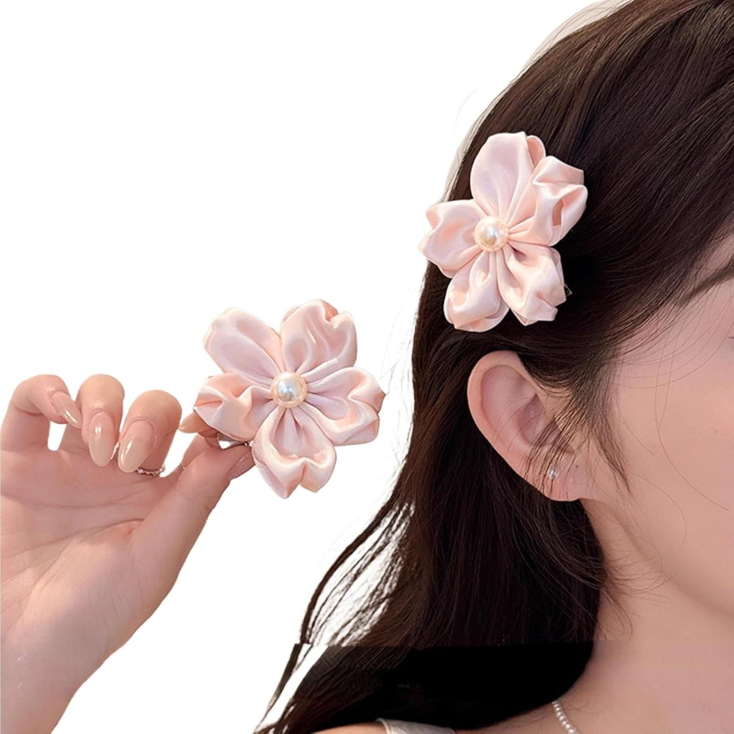 2 Pack Pink Sakura Hair Clips With Pearls for Girls Front Side Bangs, Fringe Duckbill Hair Clips Headwear Accessories (Sakura) - Image 1