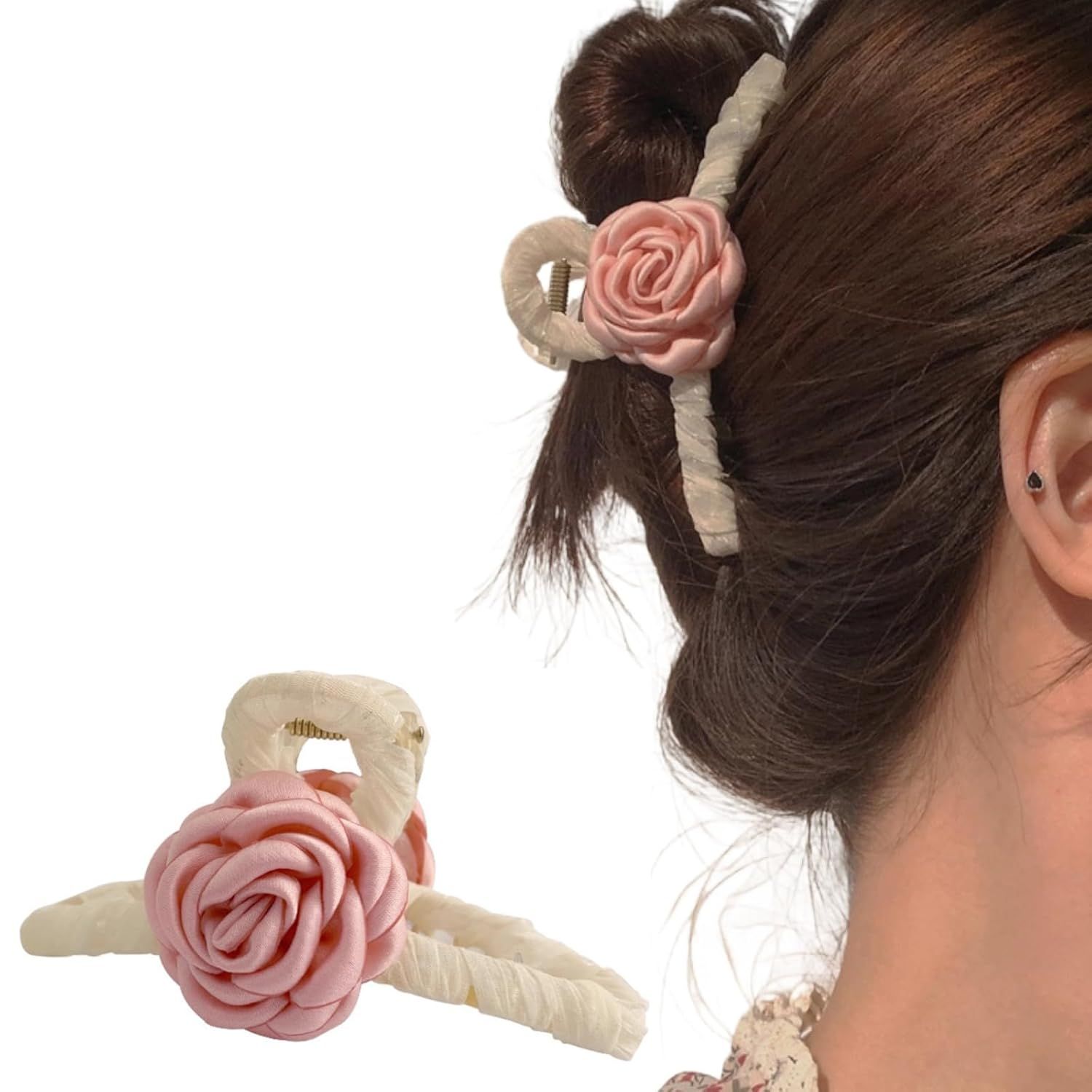 Elegant White Hair Claw Clip with Pink Glossy Camellia for Girls Women, Rose Floral Spring Hair Accessory (Pink) - Image 1