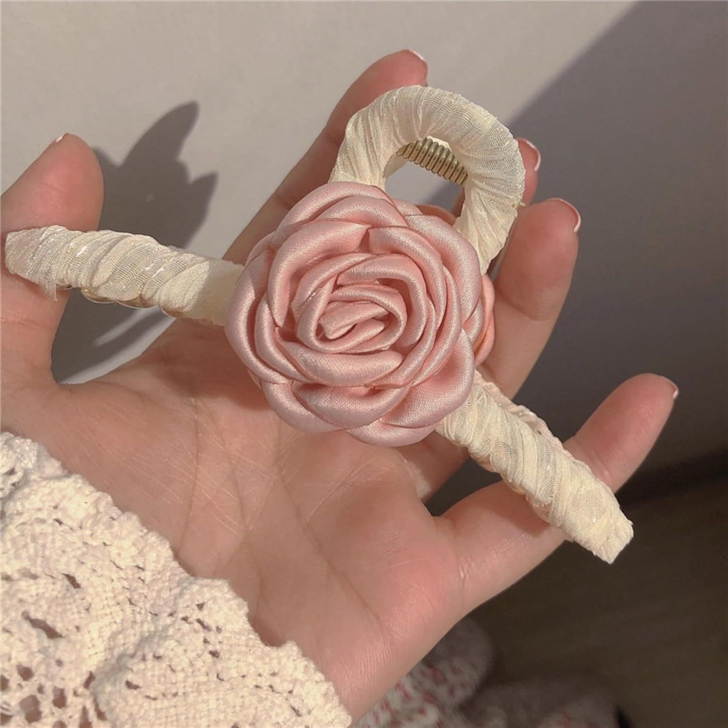 Elegant White Hair Claw Clip with Pink Glossy Camellia for Girls Women, Rose Floral Spring Hair Accessory (Pink) - Image 2
