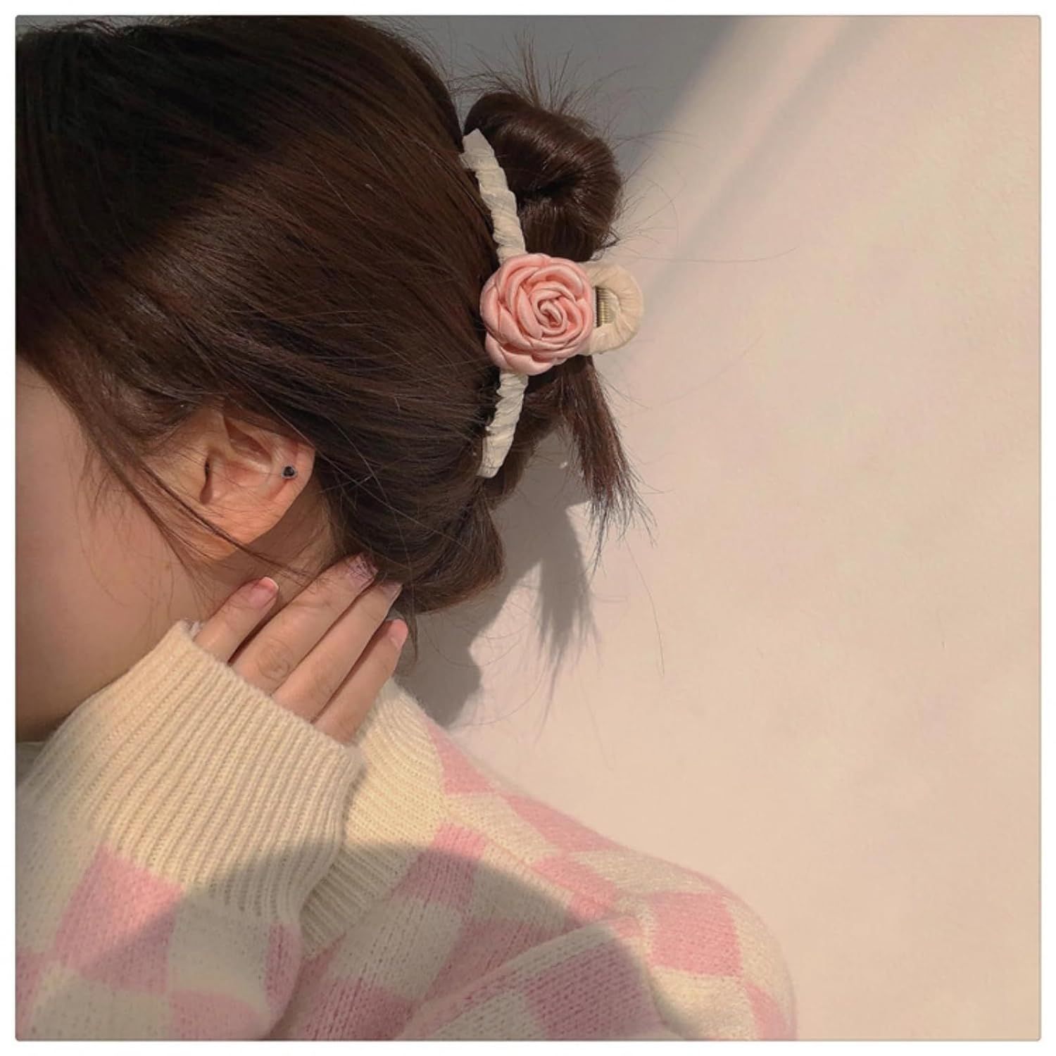 Elegant White Hair Claw Clip with Pink Glossy Camellia for Girls Women, Rose Floral Spring Hair Accessory (Pink) - Image 5