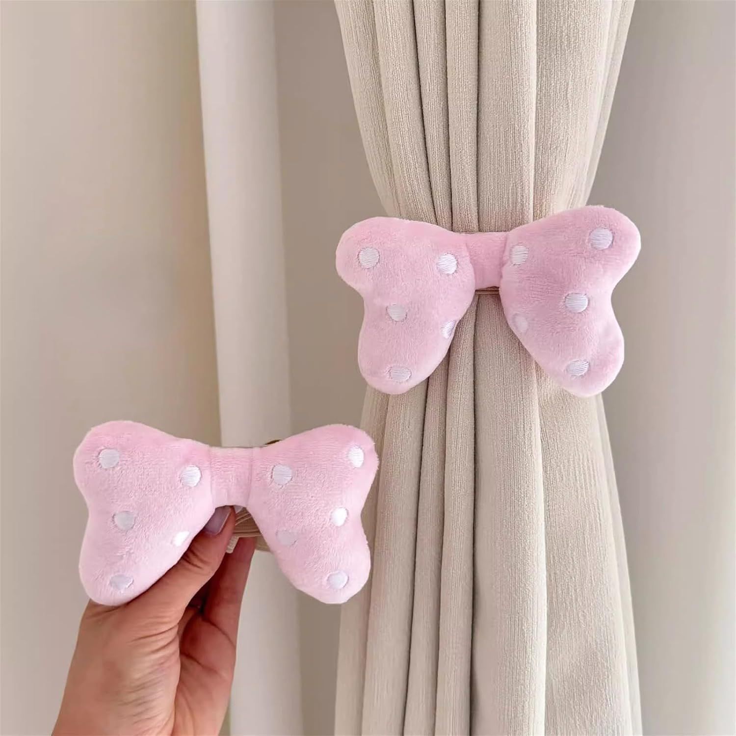 2 Pack Curtain Tiebacks with Pink Plush Bow and White Polka Dot, Snap Button Closure Curtains Holdbacks for Window Decor (Pink) - Image 1