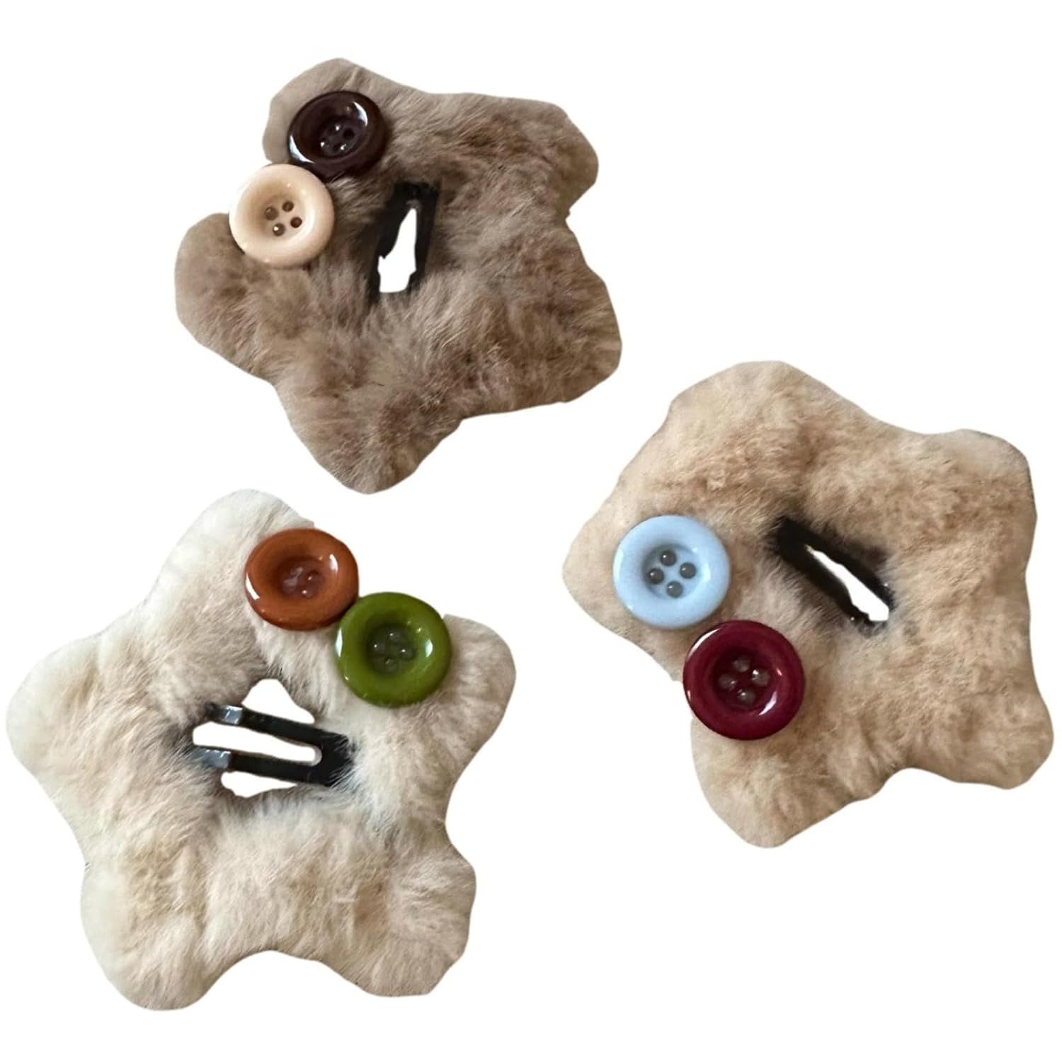 3 Pack Plush Star Button Hair Clips for Women Winter, Faux Fur Hair Clamps for Bangs Fringe Holders Hair Accessories (Mix) - Image 1