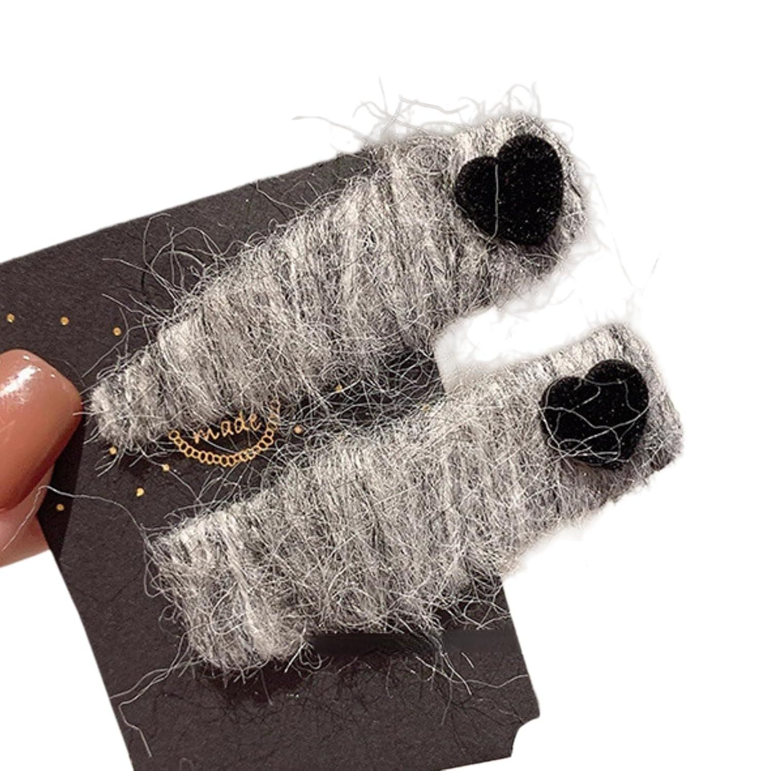 2 Pack Fuzzy Stripy Hair Clips with Velvet Heart for Women Winter, Classy Gray/Red Barrettes Korean Style Hair Pins (Grey) - Image 1