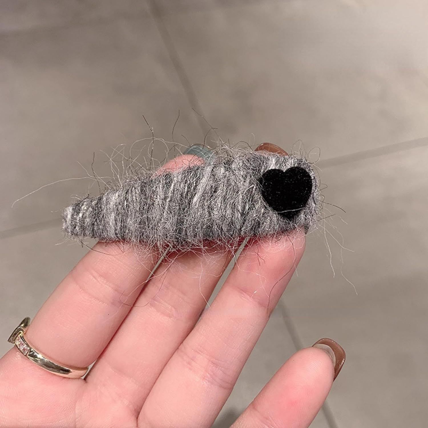 2 Pack Fuzzy Stripy Hair Clips with Velvet Heart for Women Winter, Classy Gray/Red Barrettes Korean Style Hair Pins (Grey) - Image 3