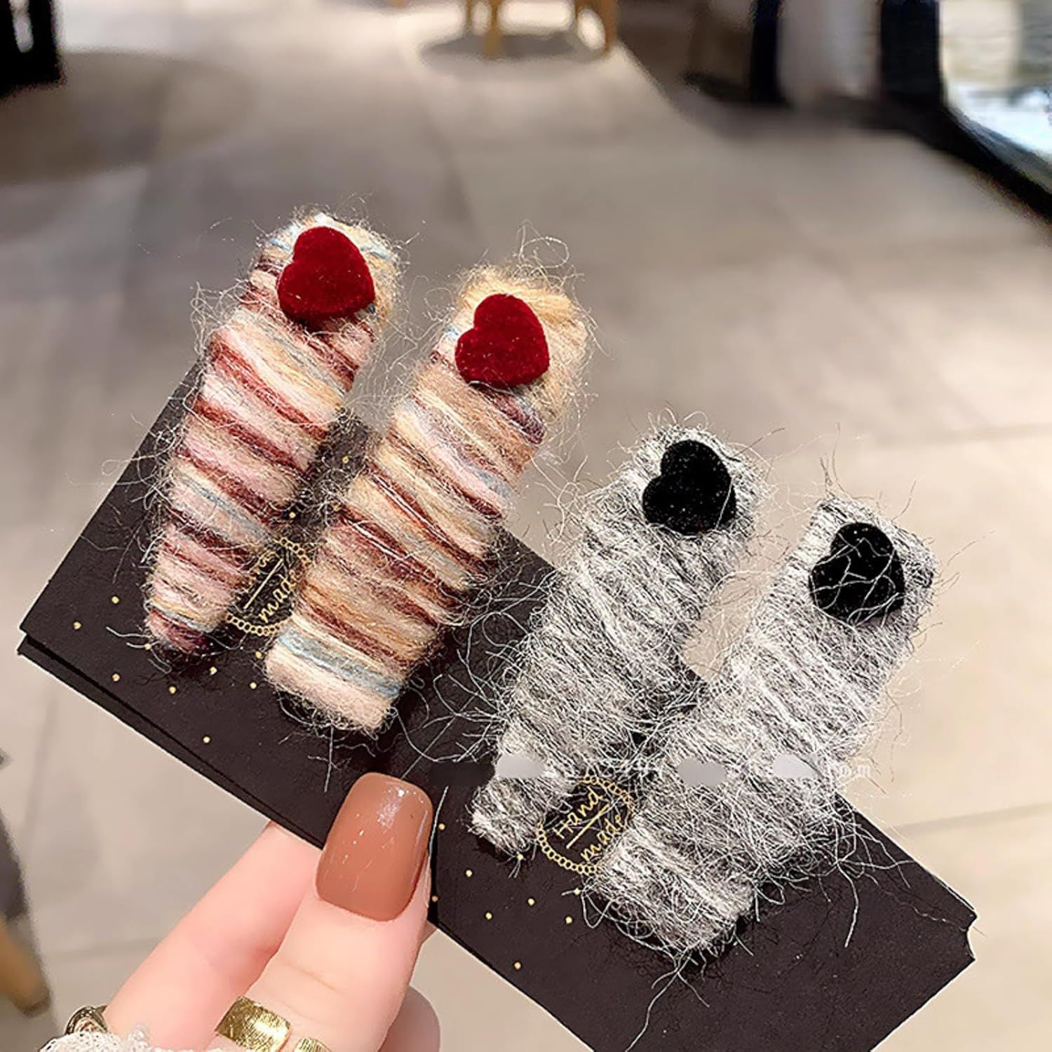 2 Pack Fuzzy Stripy Hair Clips with Velvet Heart for Women Winter, Classy Gray/Red Barrettes Korean Style Hair Pins (Grey) - Image 5