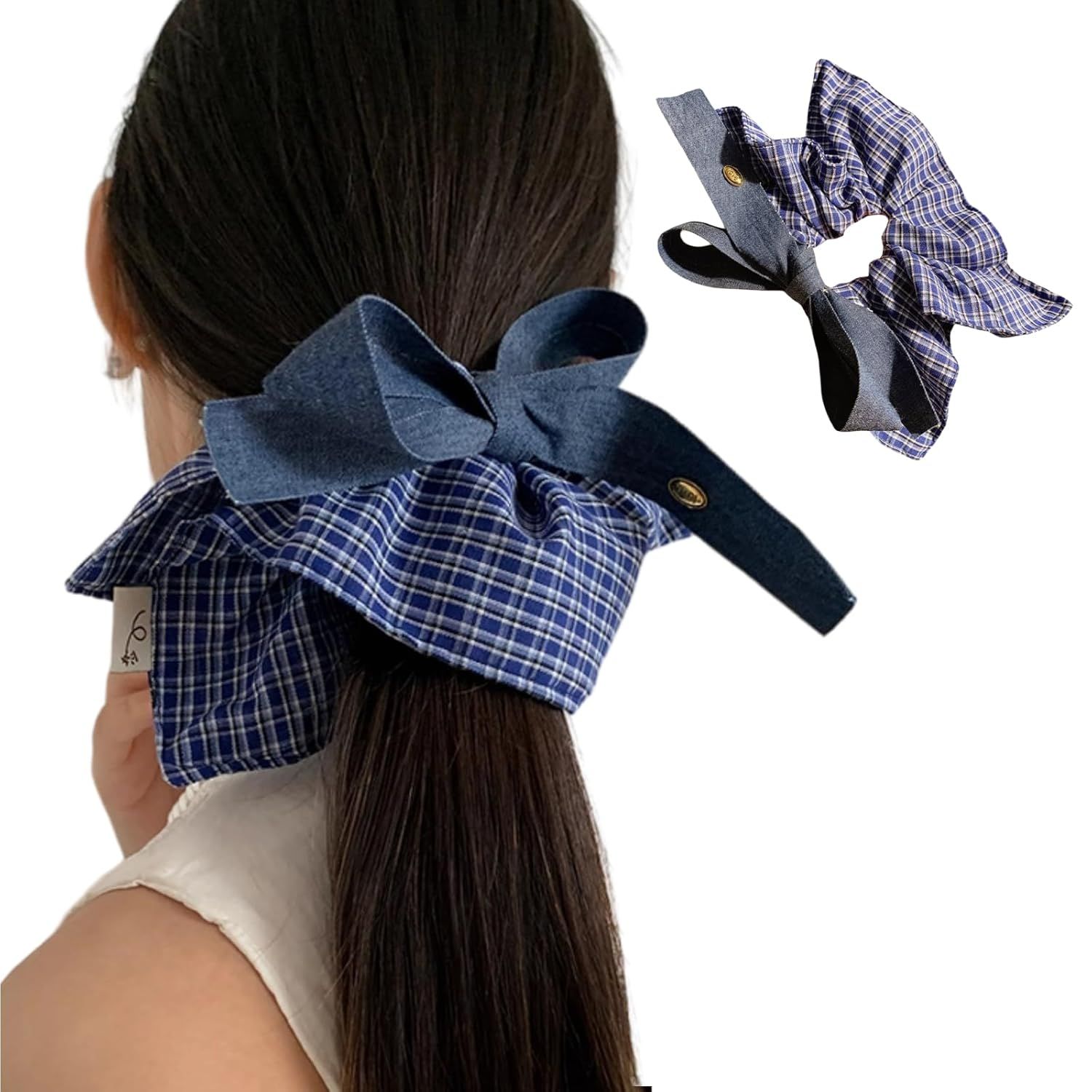 Large Blue Plaid Denim Bow Scrunchie for Women Girls, Hair Scarf Hair Band Hair Tie Elegant Headband Accessory (Blue) - Image 1