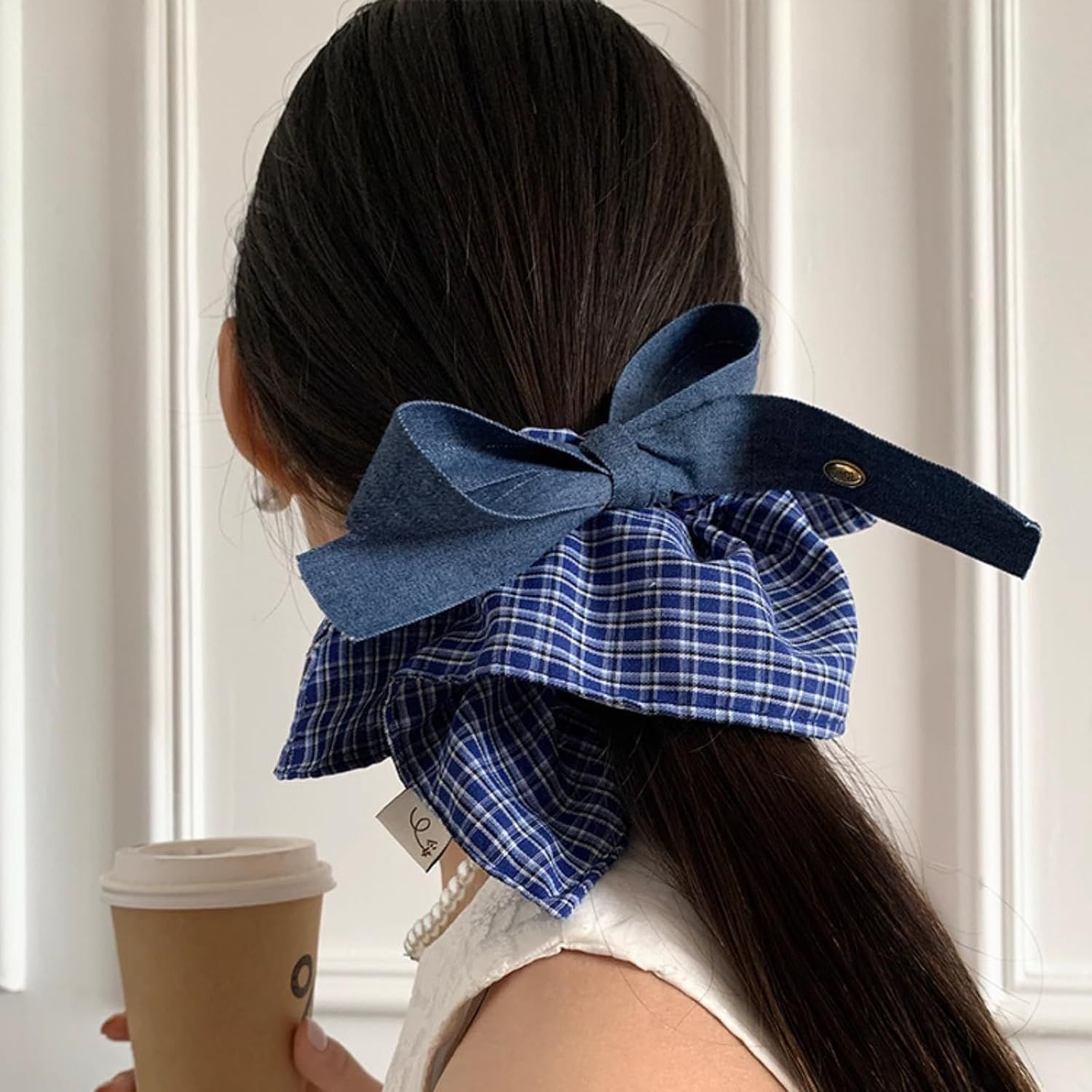 Large Blue Plaid Denim Bow Scrunchie for Women Girls, Hair Scarf Hair Band Hair Tie Elegant Headband Accessory (Blue) - Image 2
