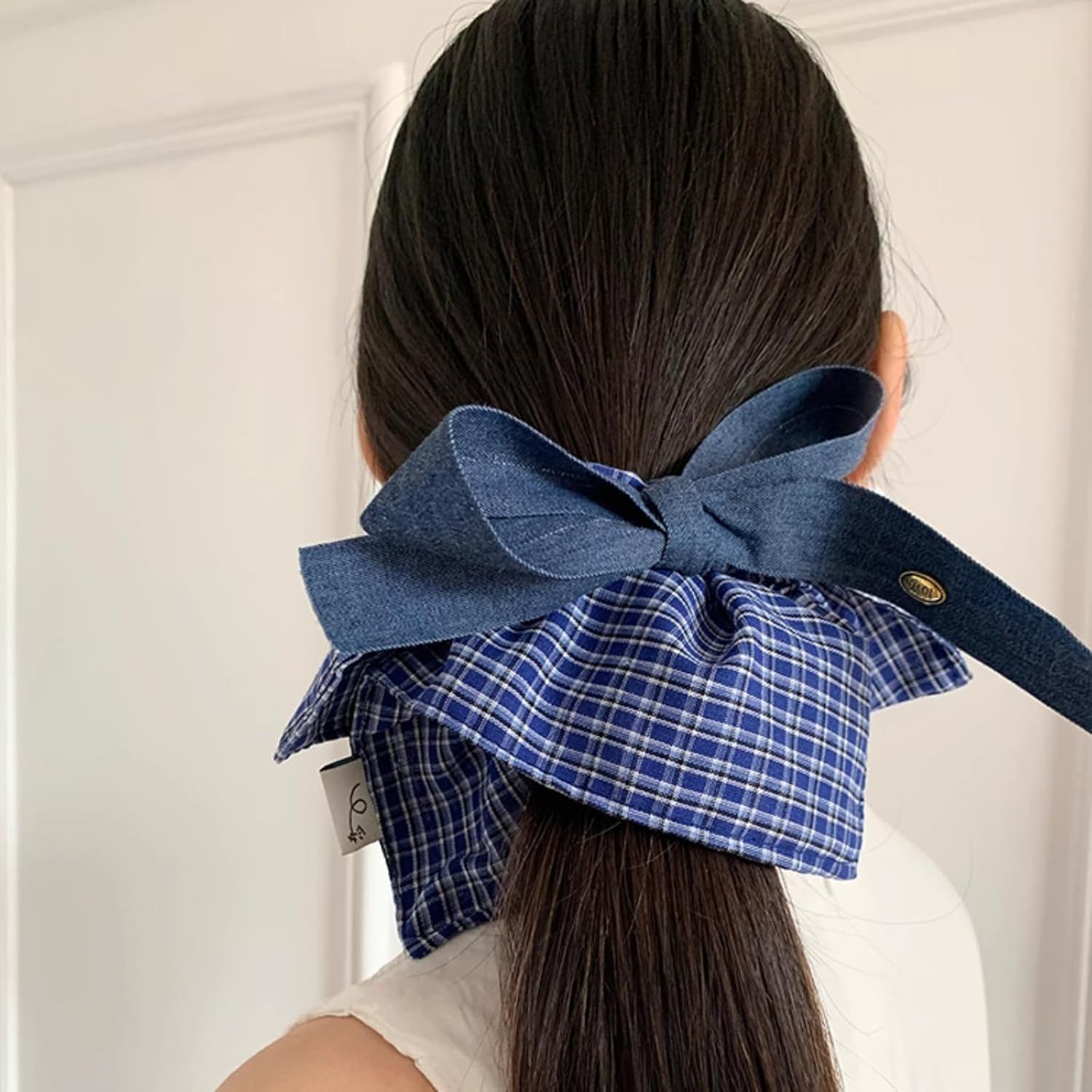 Large Blue Plaid Denim Bow Scrunchie for Women Girls, Hair Scarf Hair Band Hair Tie Elegant Headband Accessory (Blue) - Image 3