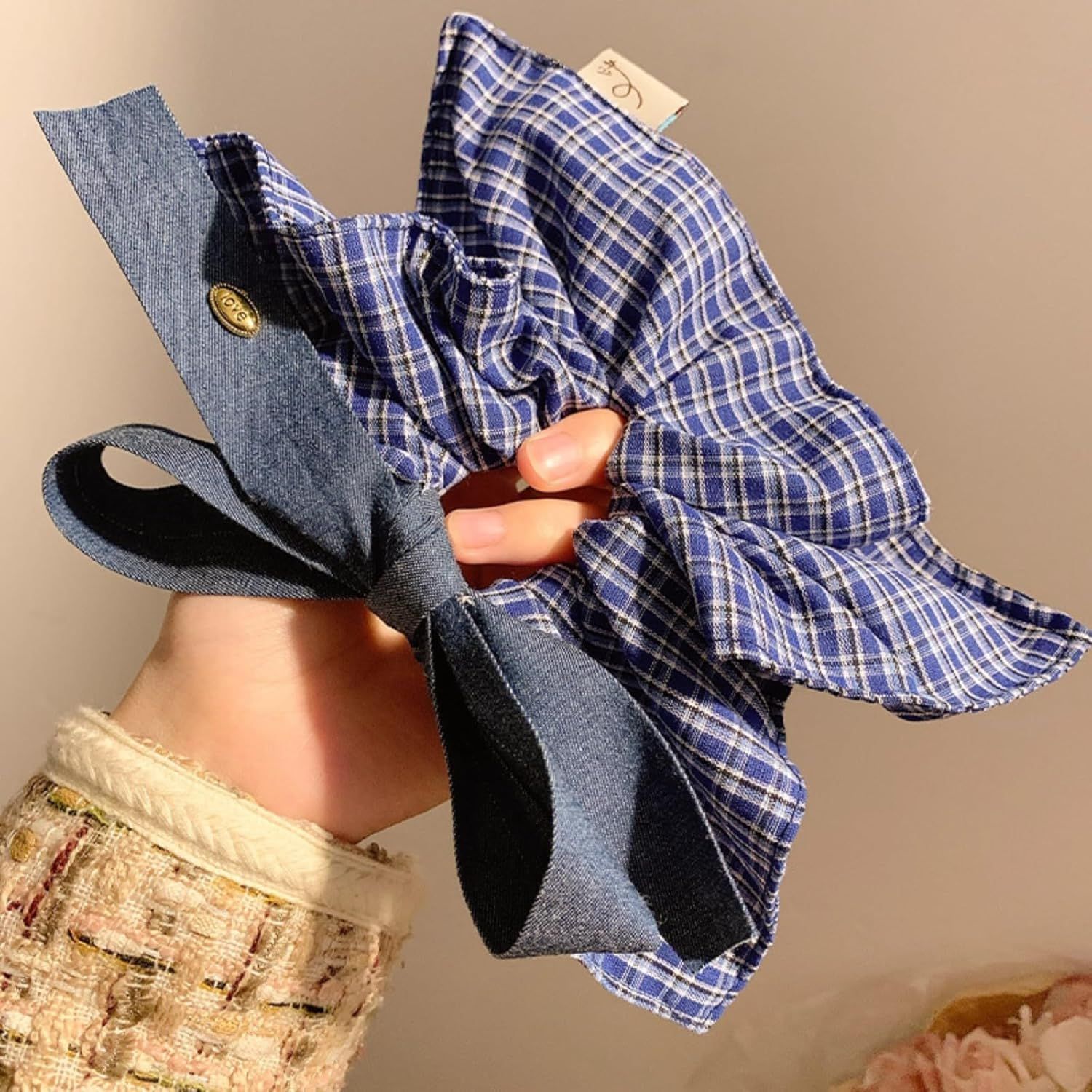 Large Blue Plaid Denim Bow Scrunchie for Women Girls, Hair Scarf Hair Band Hair Tie Elegant Headband Accessory (Blue) - Image 4