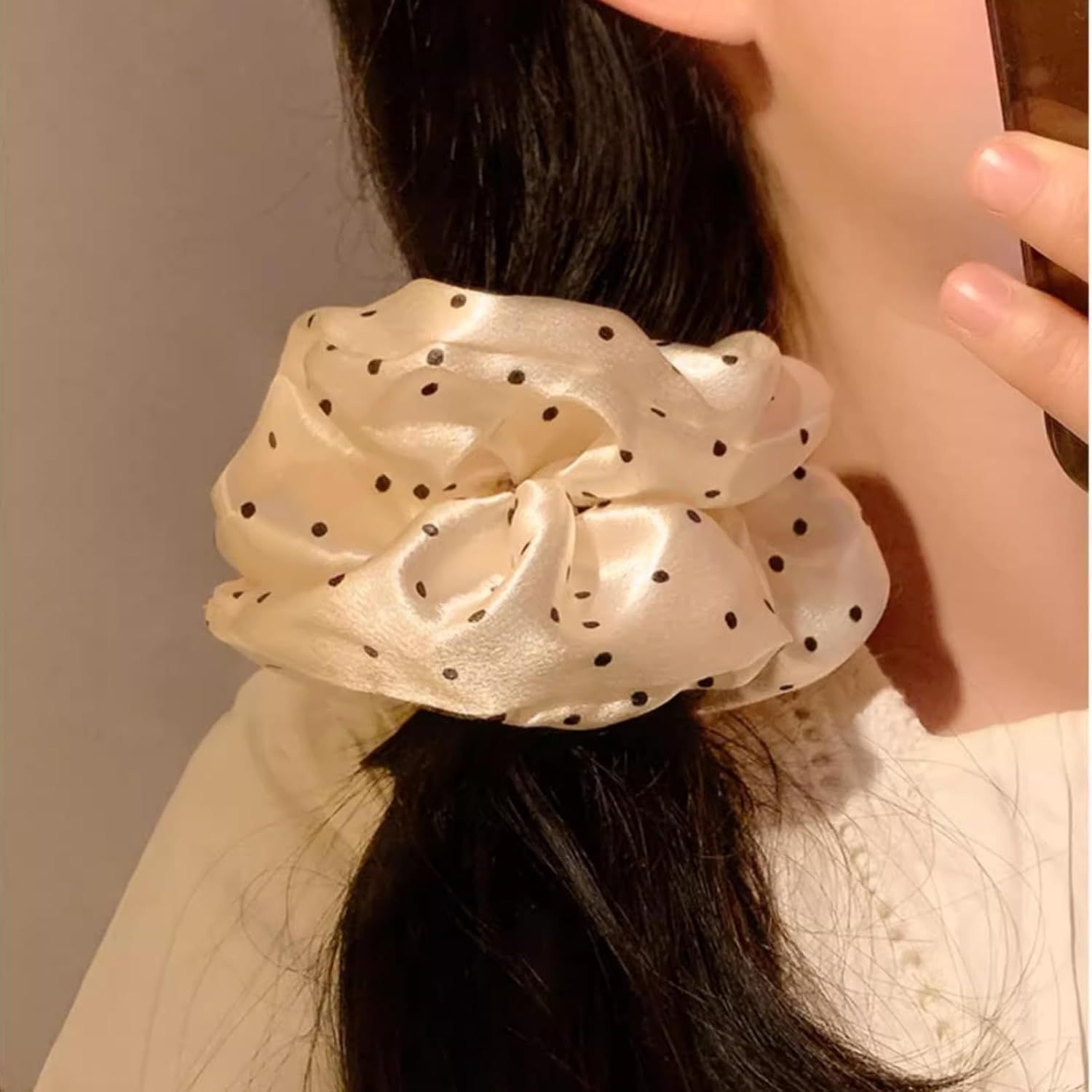 2 Packs Large Scrunchies Black White Polka Dot Satin Elastic Hair Tie, Classic Elegant Nostalgia Hair Band for Women (Beige) - Image 2
