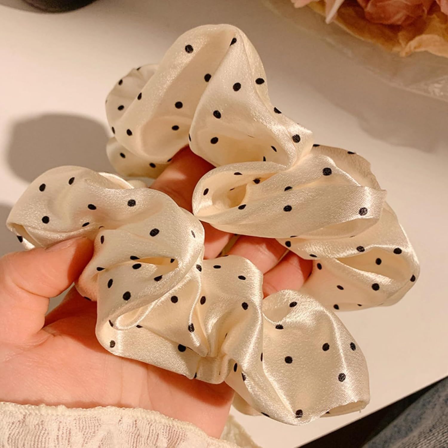 2 Packs Large Scrunchies Black White Polka Dot Satin Elastic Hair Tie, Classic Elegant Nostalgia Hair Band for Women (Beige) - Image 3