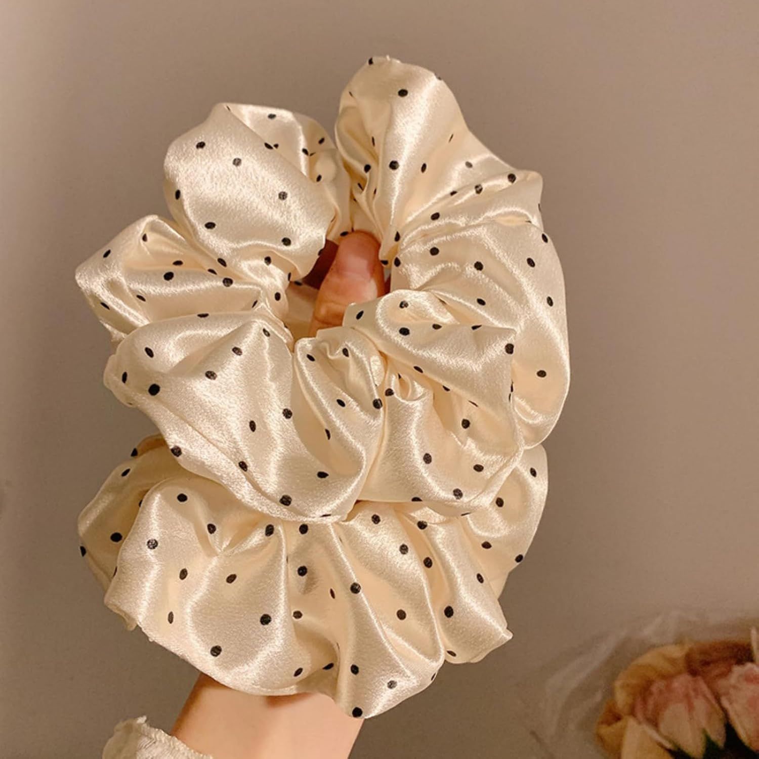 2 Packs Large Scrunchies Black White Polka Dot Satin Elastic Hair Tie, Classic Elegant Nostalgia Hair Band for Women (Beige) - Image 4