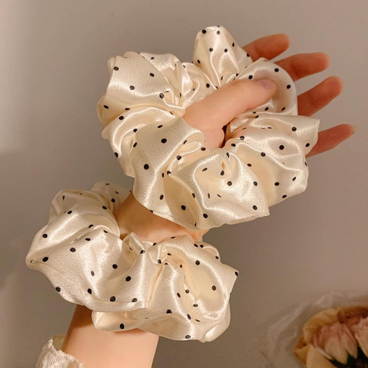 2 Packs Large Scrunchies Black White Polka Dot Satin Elastic Hair Tie, Classic Elegant Nostalgia Hair Band for Women (Beige) - Image 5