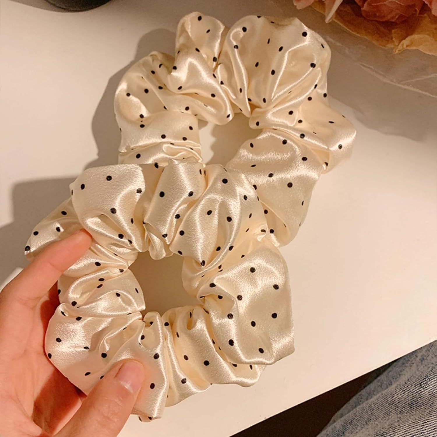2 Packs Large Scrunchies Black White Polka Dot Satin Elastic Hair Tie, Classic Elegant Nostalgia Hair Band for Women (Beige) - Image 6