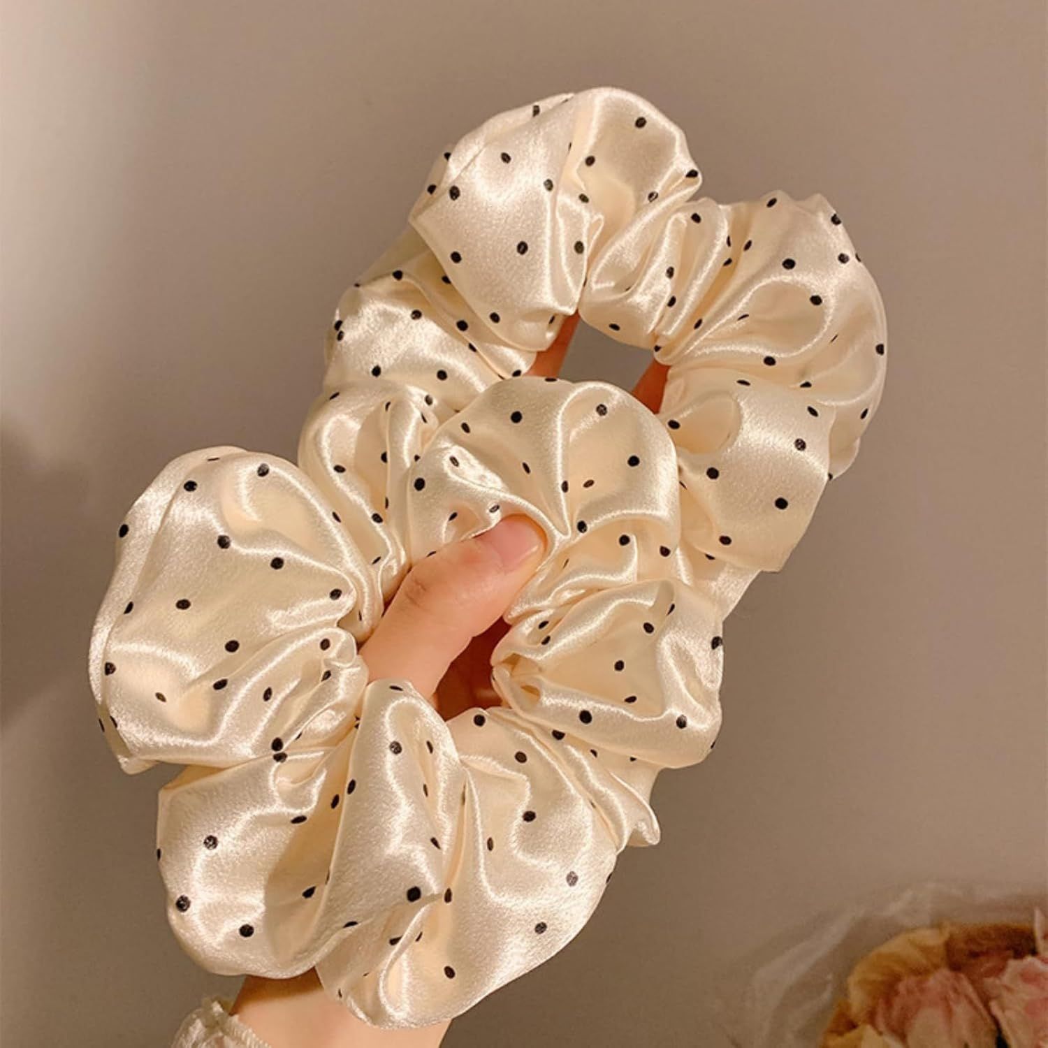 2 Packs Large Scrunchies Black White Polka Dot Satin Elastic Hair Tie, Classic Elegant Nostalgia Hair Band for Women (Beige) - Image 7