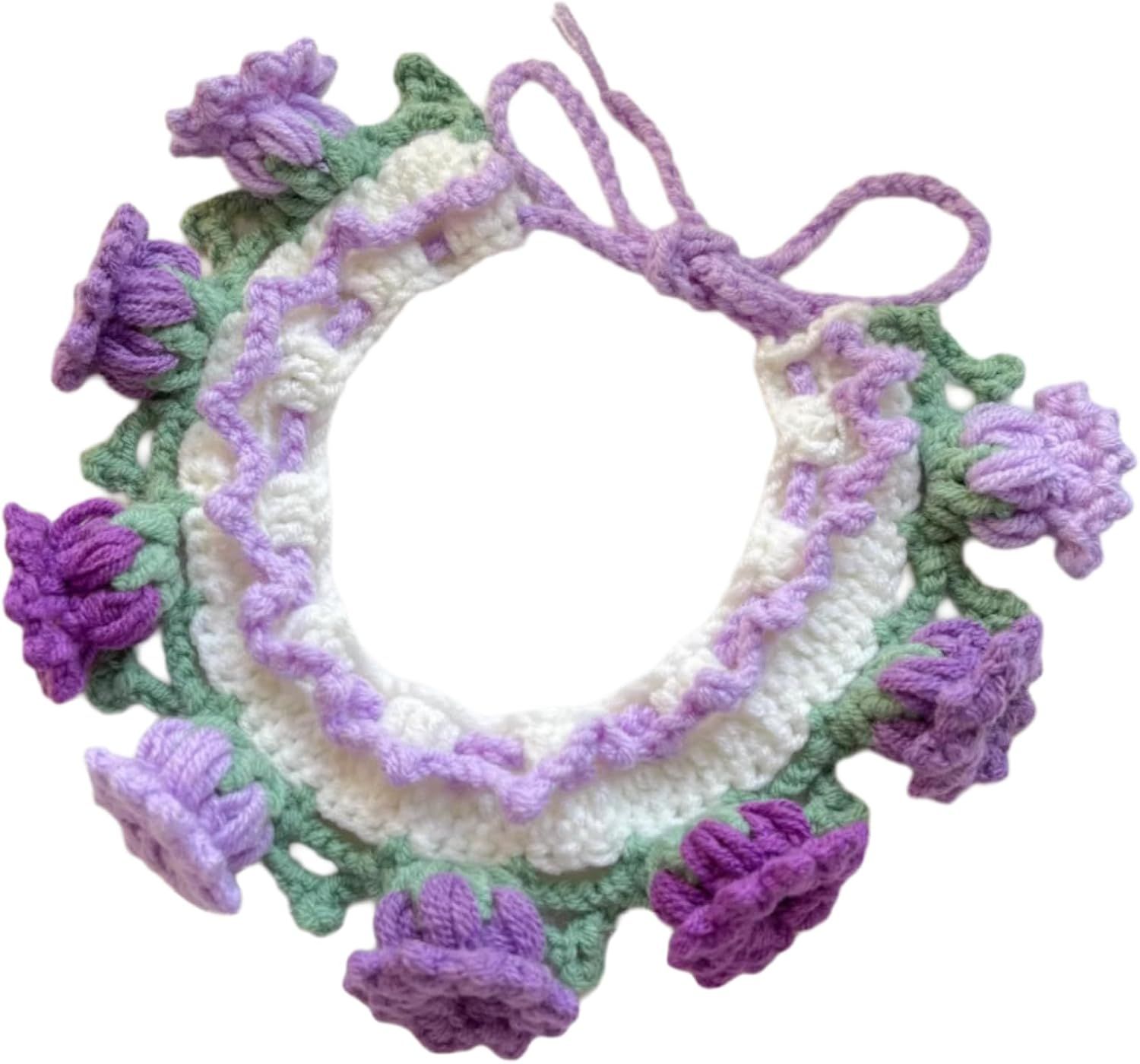Cat Dog Bandana, Cute Handmade Knitted Yarn Flowers Pet Collar Neck Warmer for Small Medium Dog, Puppy Photo Accessories (Purple,M) - Image 1