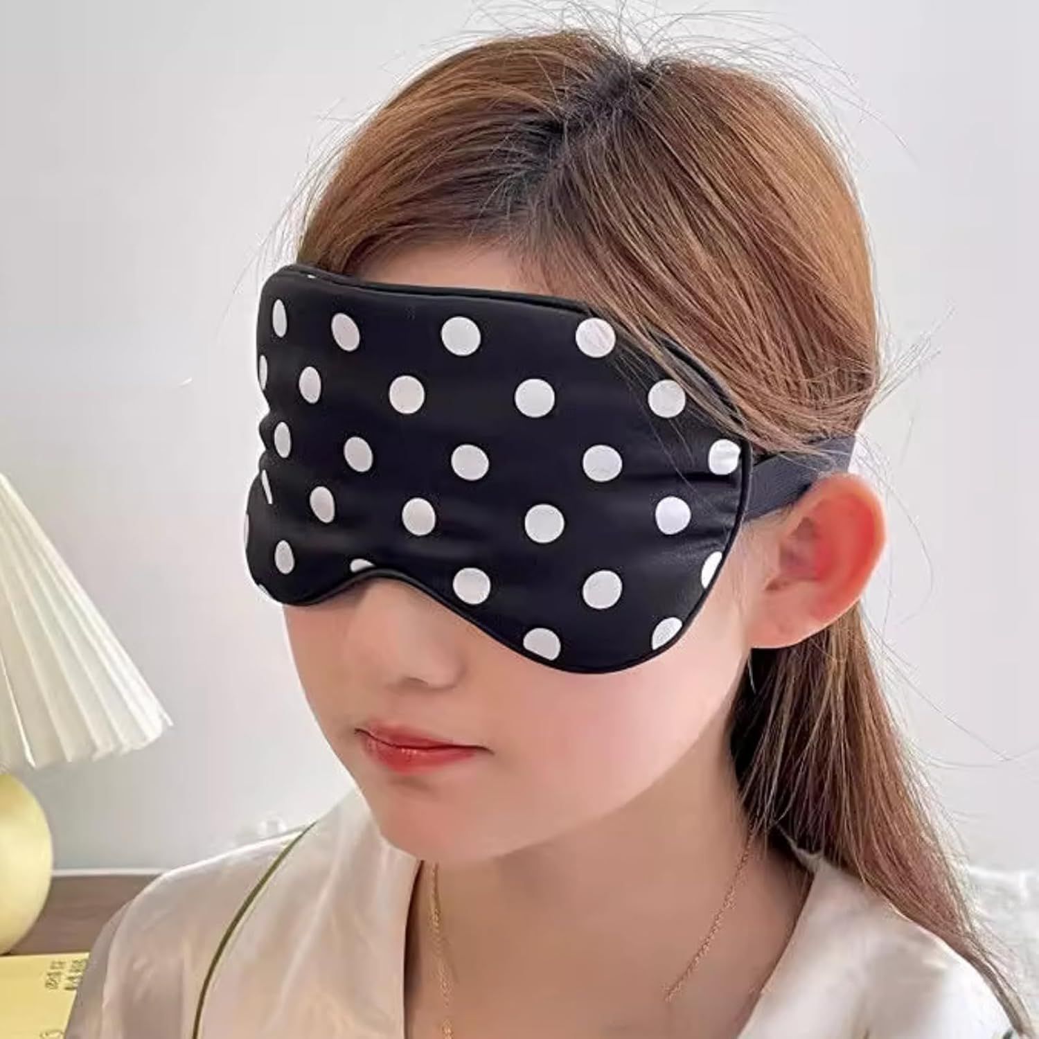 Black White Polka Dot Cooling Silky Sleep Eye Mask for Women, Nap Eye Cover for Students Office for Summer (Black) - Image 2
