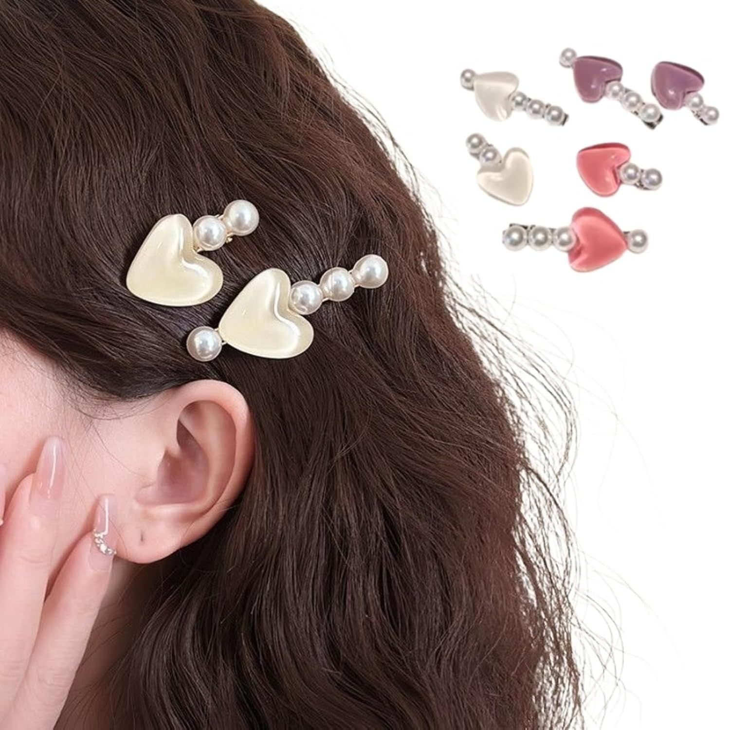 3 Pairs Heart Pearl Hair Clips, Cute Princess Hairpins for Bangs Hair Accessories for Women Girls (White Pink Purple) - Image 1
