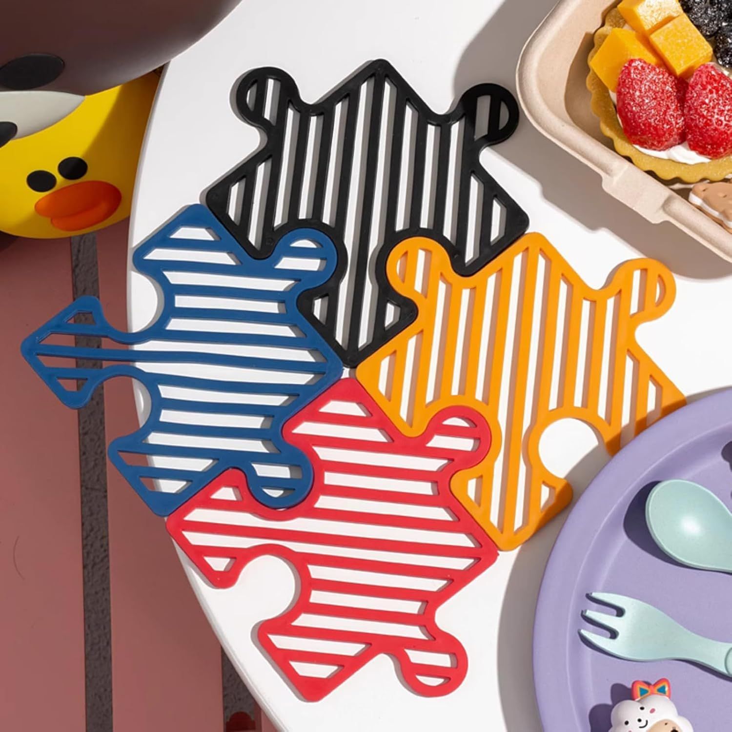 4 Pcs Creative Puzzle Shaped Heat Resistant Table Mat Set Insulated Coasters for Cups Bowls Pots Plates (Red Blue Orange Black,3.7x4.7 Inch) - Image 1