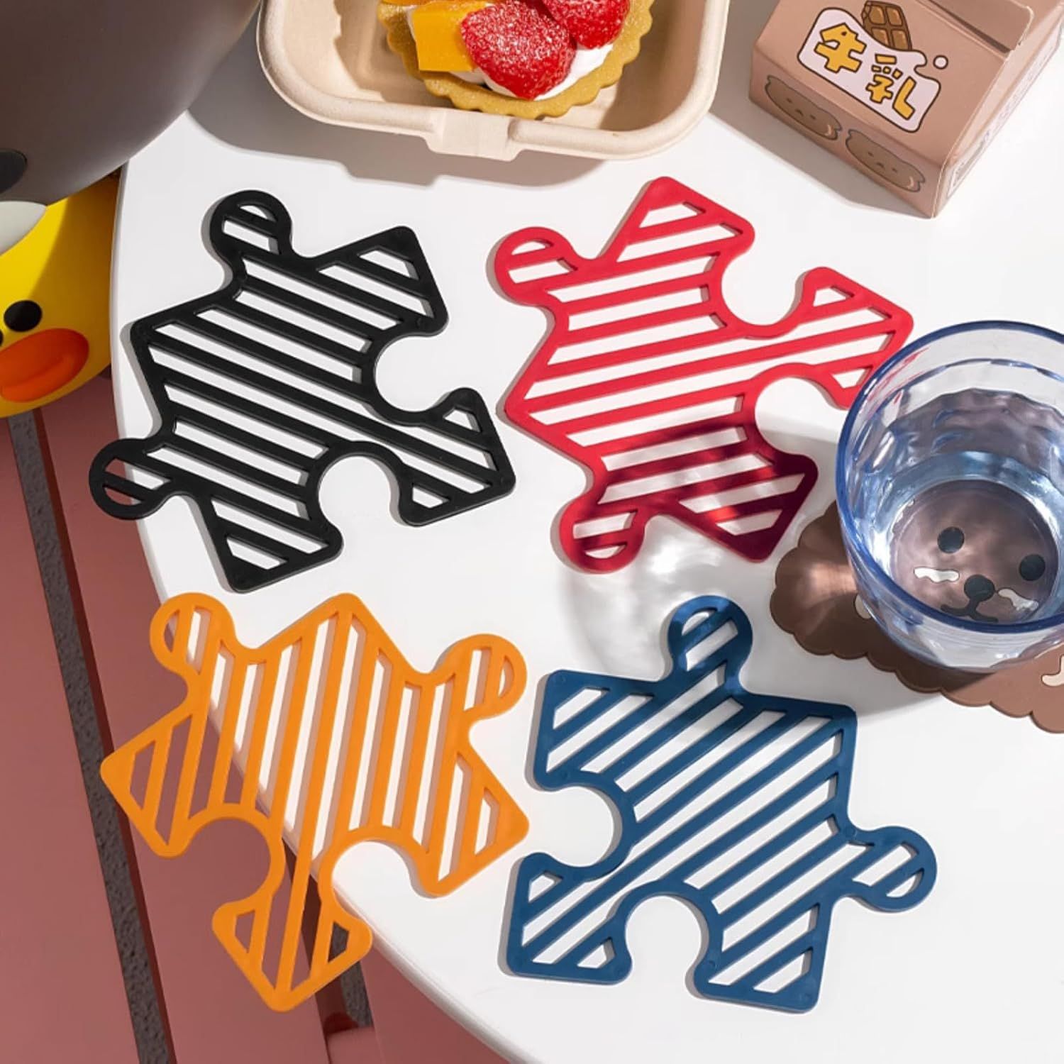 4 Pcs Creative Puzzle Shaped Heat Resistant Table Mat Set Insulated Coasters for Cups Bowls Pots Plates (Red Blue Orange Black,3.7x4.7 Inch) - Image 3