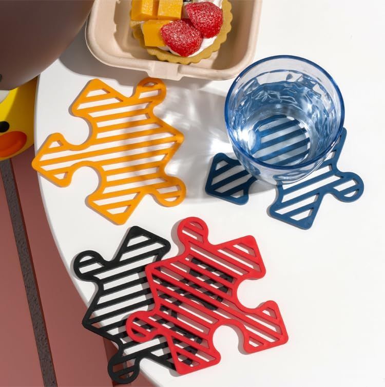 4 Pcs Creative Puzzle Shaped Heat Resistant Table Mat Set Insulated Coasters for Cups Bowls Pots Plates (Red Blue Orange Black,3.7x4.7 Inch) - Image 5