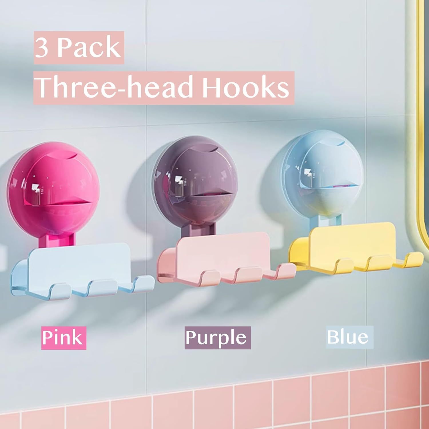 3 Pack Reusable No-Drill No-Trace Vacuum Suction Hooks, Wall-Mounted Toothbrush Holder, Storage Rack for Bathroom (Blue Pink Purple) - Image 3